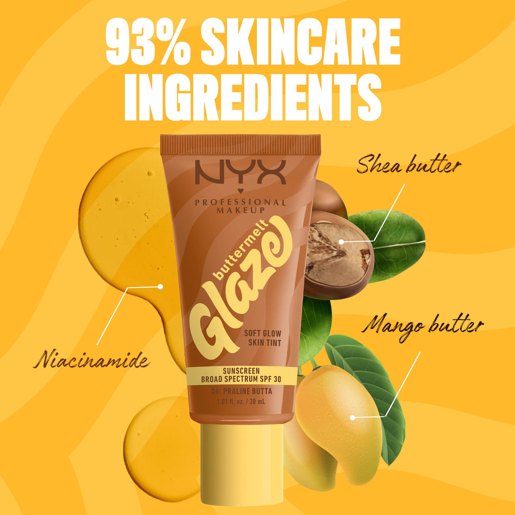 NYX PROFESSIONAL MAKEUP Buttermelt Glaze SPF 30 Skin Tint – 12HR Wear (Praline Butta)