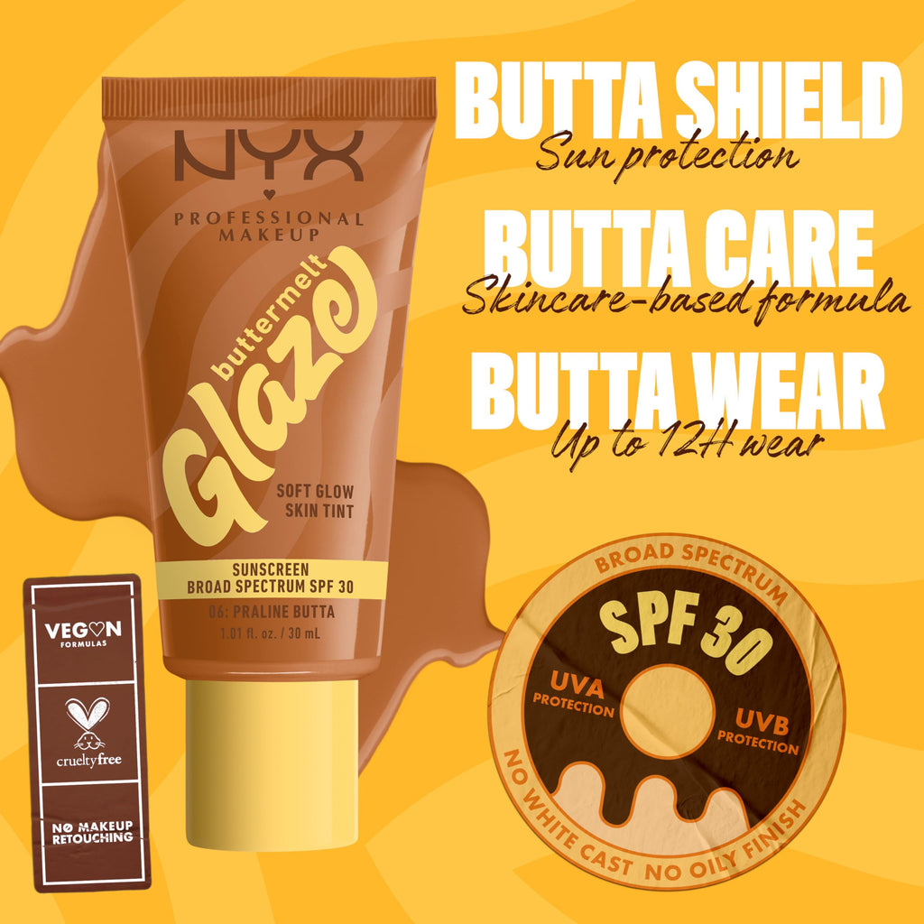 NYX PROFESSIONAL MAKEUP Buttermelt Glaze SPF 30 Skin Tint – 12HR Wear (Praline Butta)