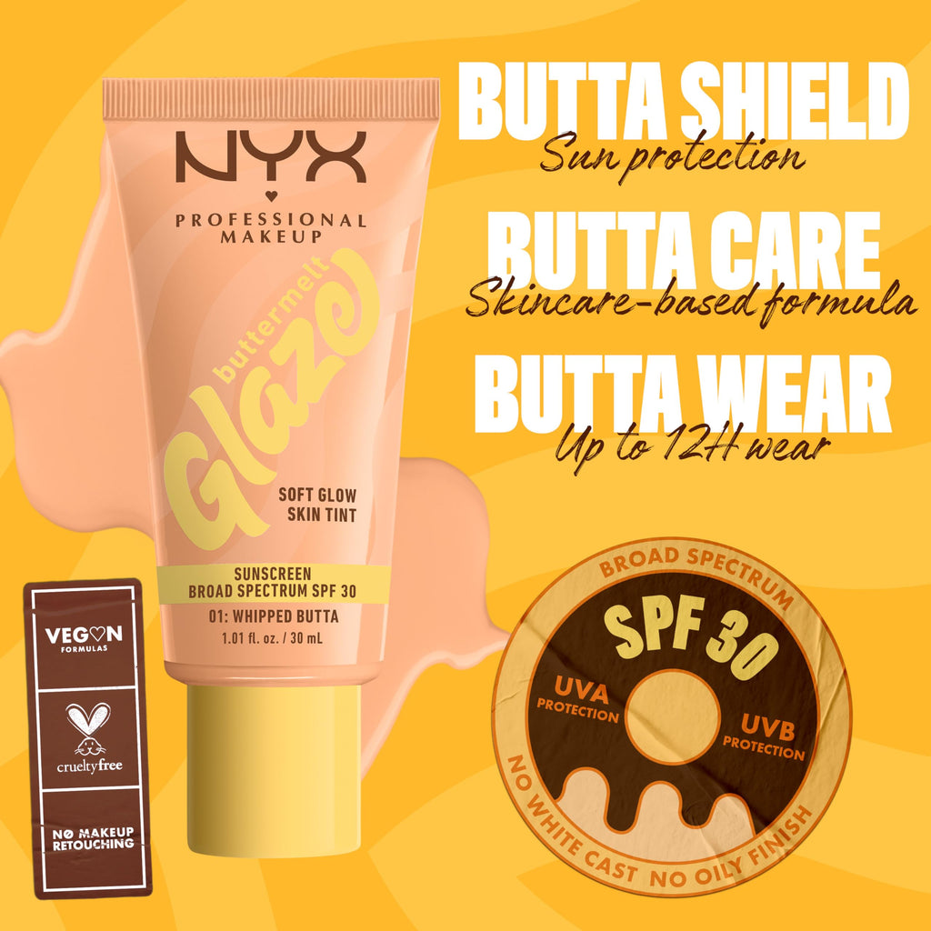 NYX PROFESSIONAL MAKEUP Buttermelt Glaze Soft Glow Skin Tint SPF 30 | 12HR Wear, 01 Whipped Butta