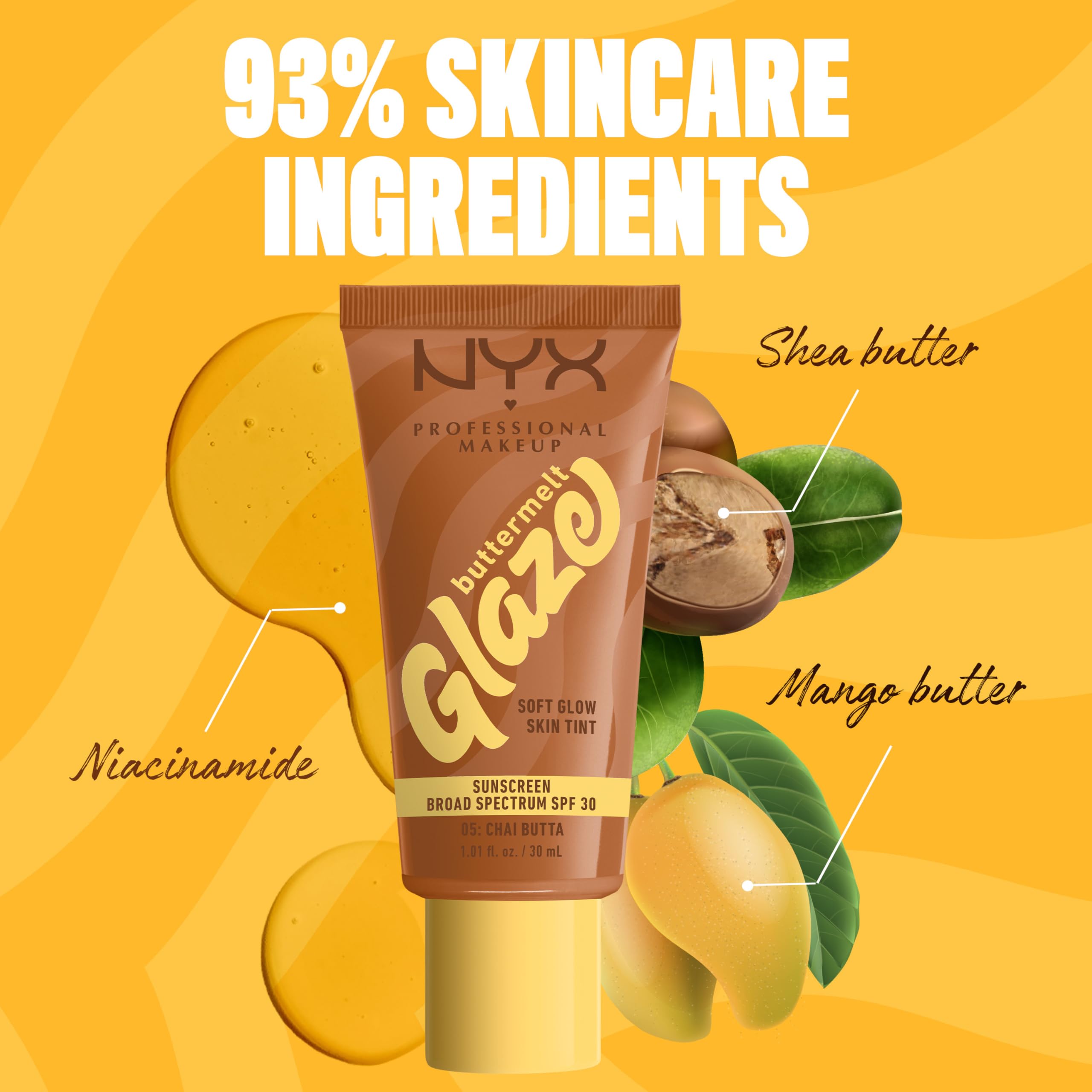 NYX PROFESSIONAL MAKEUP Buttermelt Glaze Skin Tint + SPF 30 – Up To 12HR Wear, 05 Chai Butta