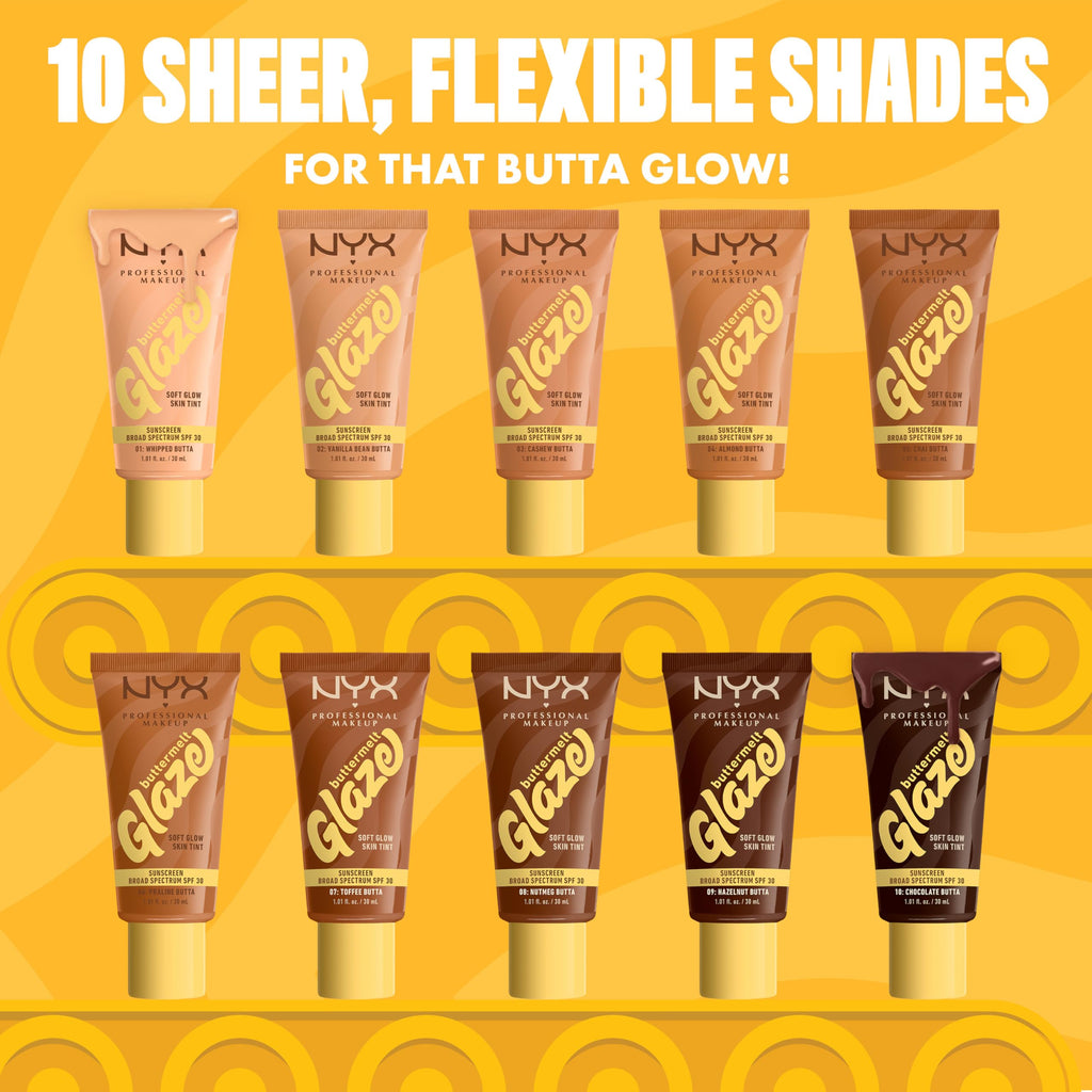 NYX PROFESSIONAL MAKEUP Buttermelt Glaze Soft Glow Skin Tint SPF 30 | 12HR Wear, 01 Whipped Butta