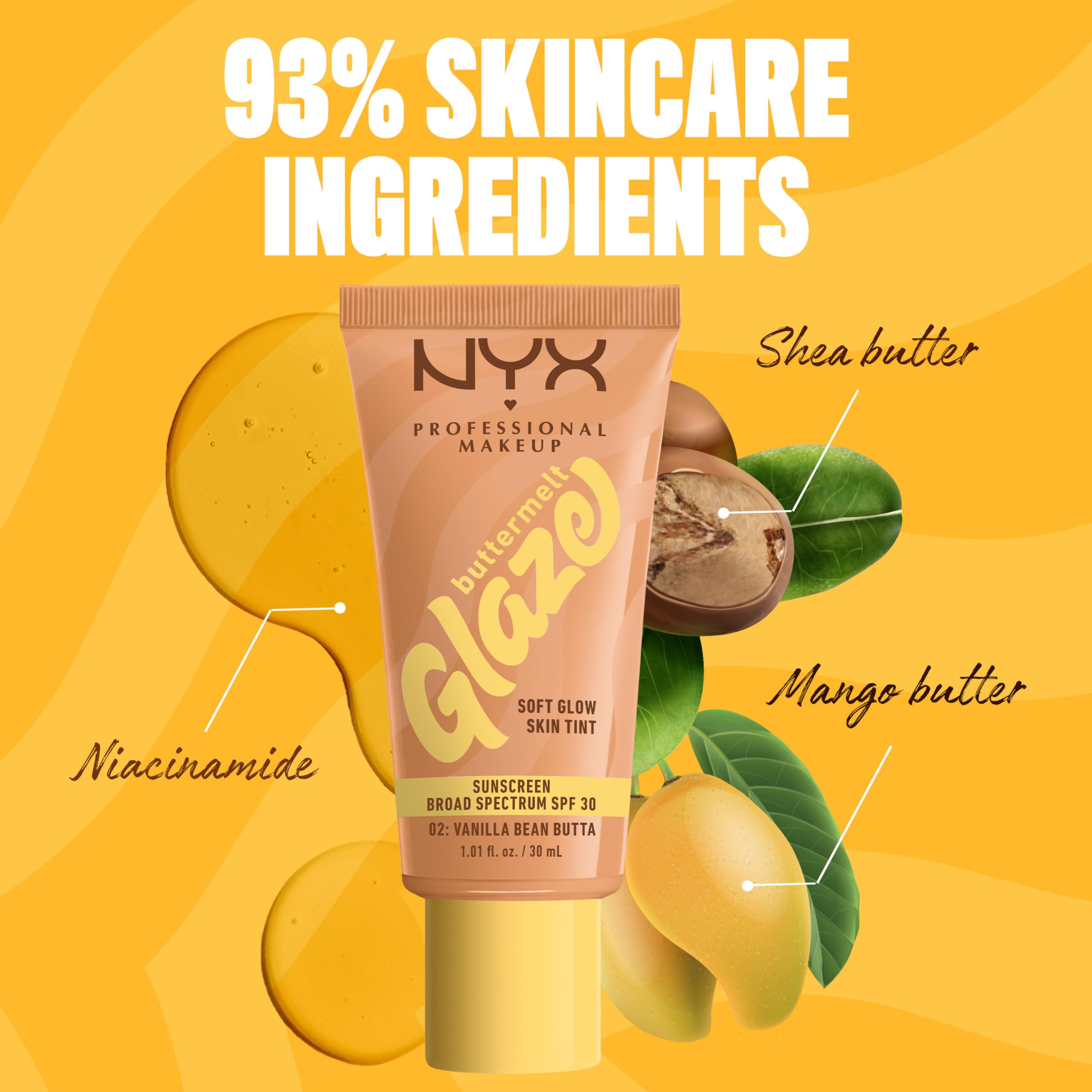 NYX PROFESSIONAL MAKEUP Buttermelt Glaze Soft Glow Skin Tint + SPF 30, 12HR Wear — Vanilla Bean Butta (02)