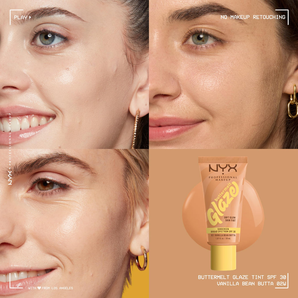 NYX PROFESSIONAL MAKEUP Buttermelt Glaze Soft Glow Skin Tint + SPF 30, 12HR Wear — Vanilla Bean Butta (02)