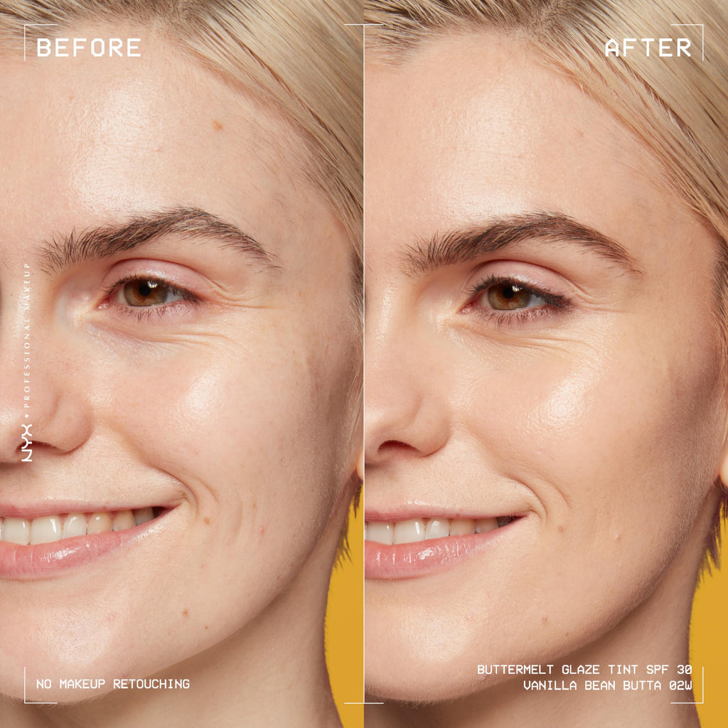 NYX PROFESSIONAL MAKEUP Buttermelt Glaze Soft Glow Skin Tint + SPF 30, 12HR Wear — Vanilla Bean Butta (02)