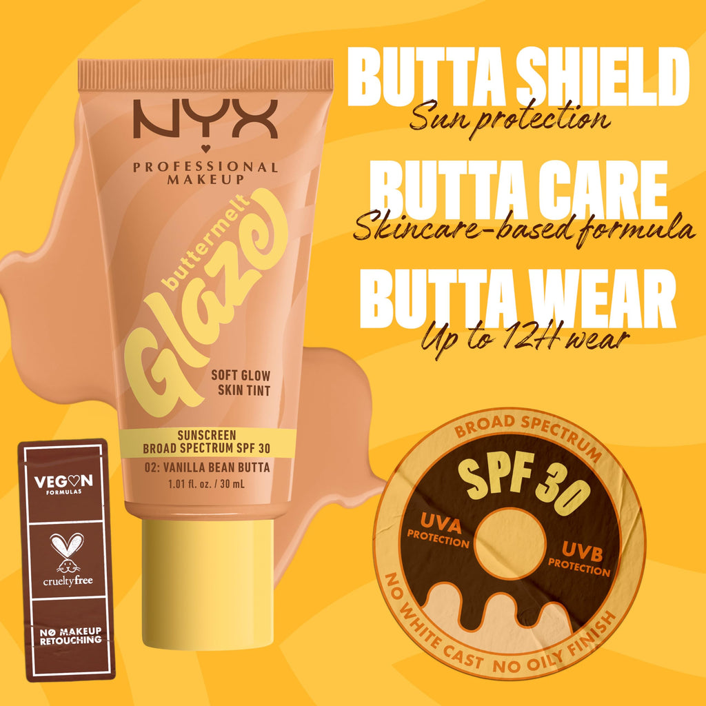 NYX PROFESSIONAL MAKEUP Buttermelt Glaze Soft Glow Skin Tint + SPF 30, 12HR Wear — Vanilla Bean Butta (02)