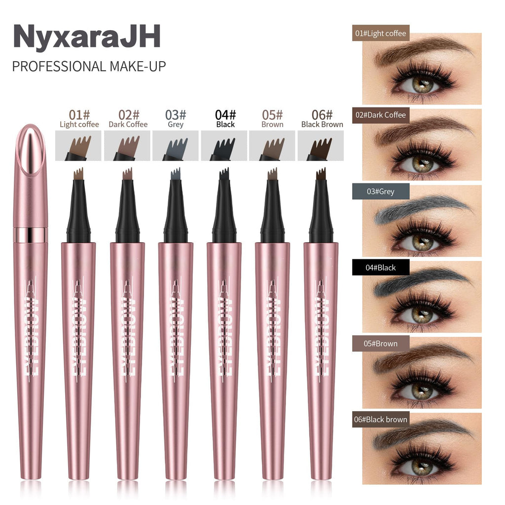 NyxaraJH 4-Tip Eyebrow Pen with Brush - 24Hr Waterproof Microblading Effect, 6 Shades