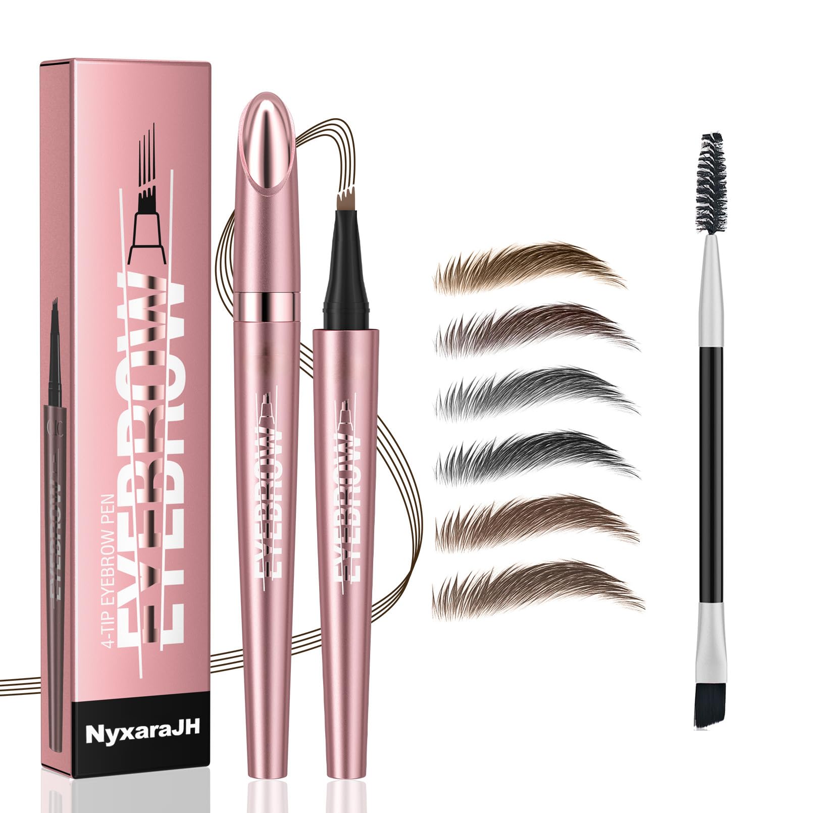 NyxaraJH 4-Tip Eyebrow Pen with Brush - 24Hr Waterproof Microblading Effect, 6 Shades