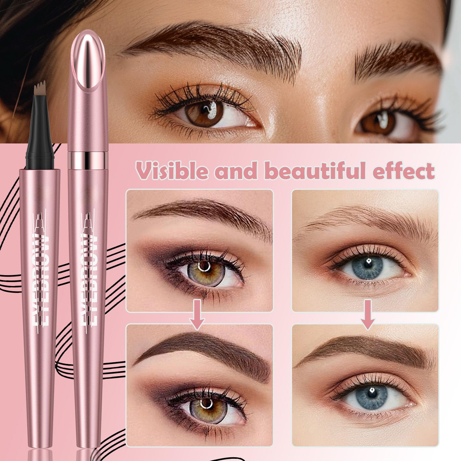 NyxaraJH 4-Tip Eyebrow Pen with Brush - 24Hr Waterproof Microblading Effect, 6 Shades