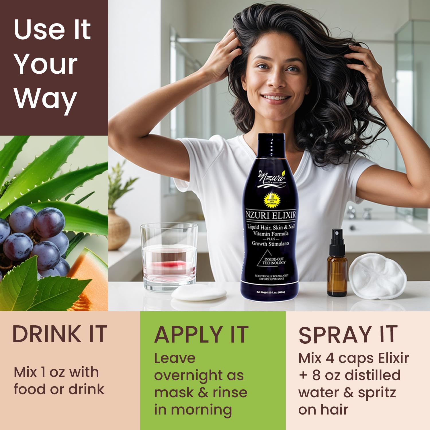 Nzuri Elixir Hair Skin Nails Vitamins – Biotin, Folate & Vitamin D | 32 oz