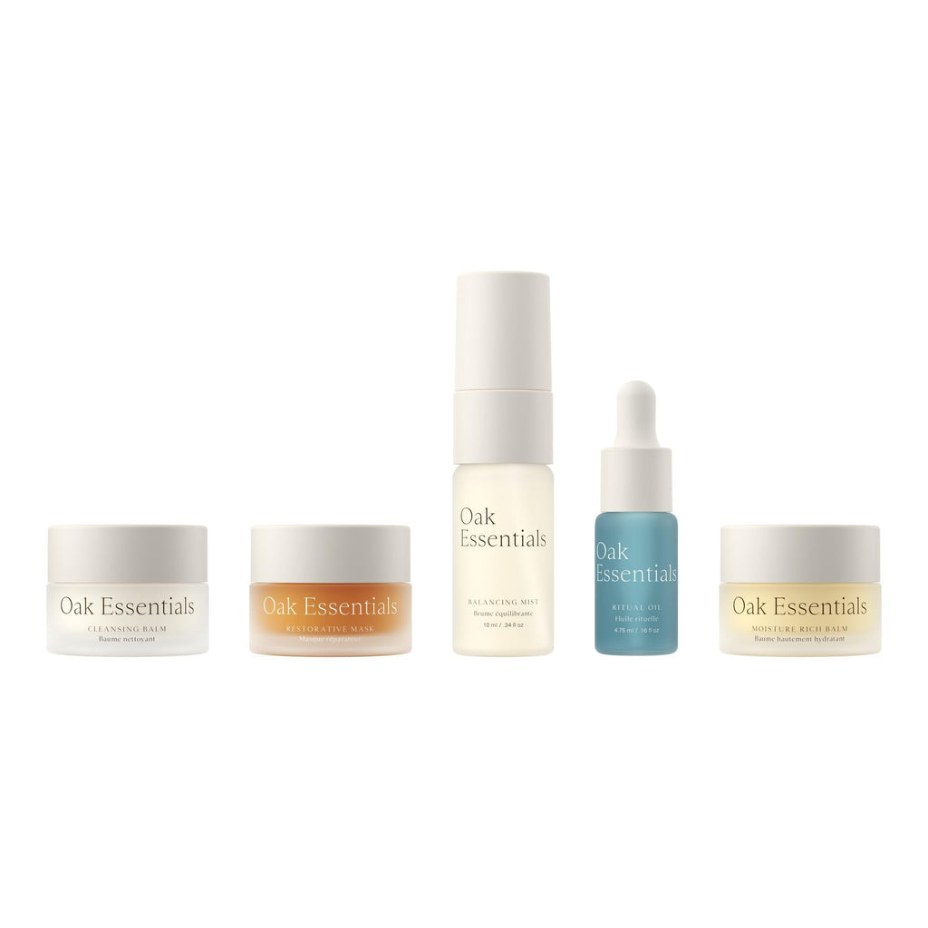 Oak Essentials Mini Routine – Travel-Size Clean Skincare Set (Cleanser, Mask, Balm, Oil & Toner)