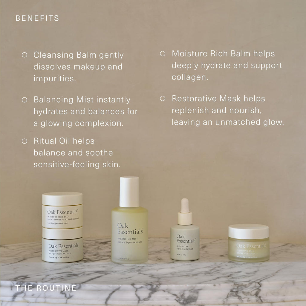 Oak Essentials The Routine At-Home Facial Gift Set | 5-Step Anti-Aging Skincare with Blue Tansy Oil, Cleansing Balm & Restorative Mask