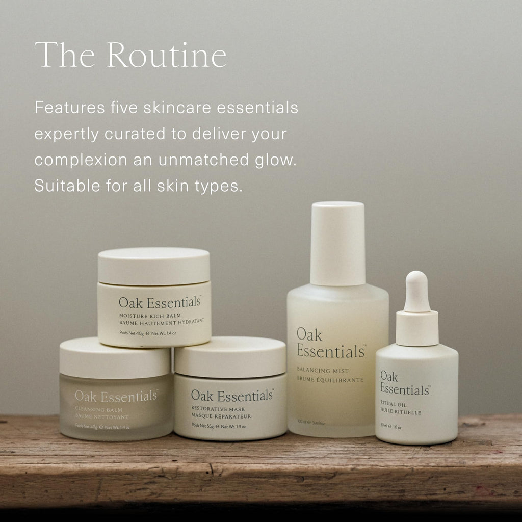 Oak Essentials The Routine At-Home Facial Gift Set | 5-Step Anti-Aging Skincare with Blue Tansy Oil, Cleansing Balm & Restorative Mask