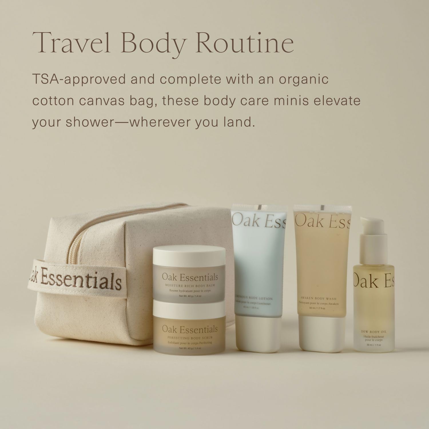 Oak Essentials Travel Body Routine | TSA-Friendly 5-Piece Body Care Set