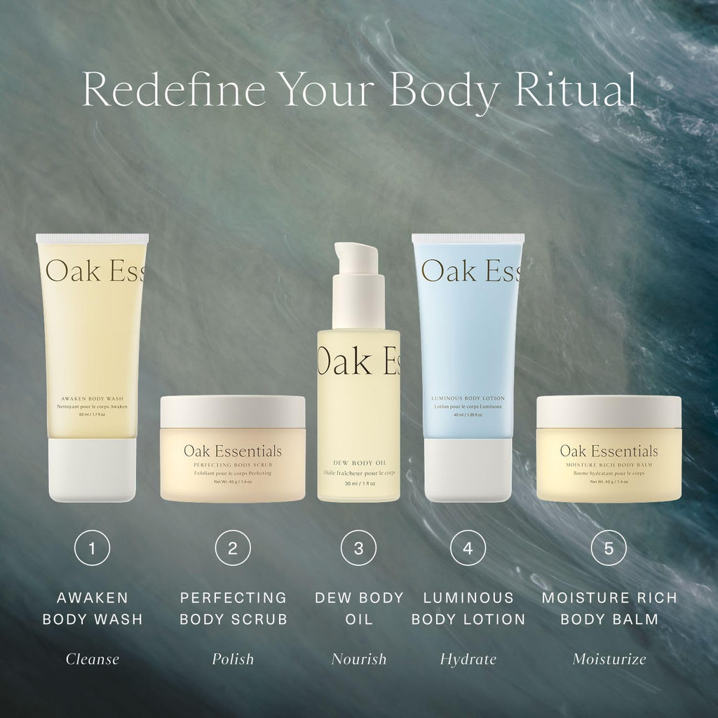 Oak Essentials Travel Body Routine | TSA-Friendly 5-Piece Body Care Set