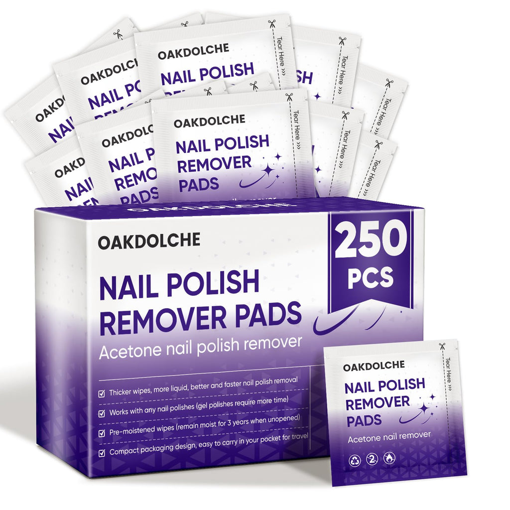OAKDOLCHE 250-Pack Nail Polish Remover Pads – Individually Wrapped, Travel-Friendly, Quick Gel & Regular Removals