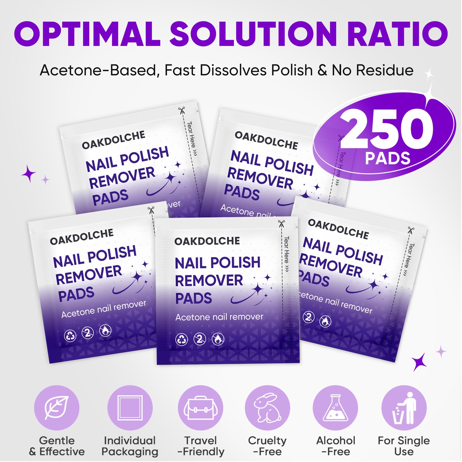 OAKDOLCHE 250-Pack Nail Polish Remover Pads – Individually Wrapped, Travel-Friendly, Quick Gel & Regular Removals