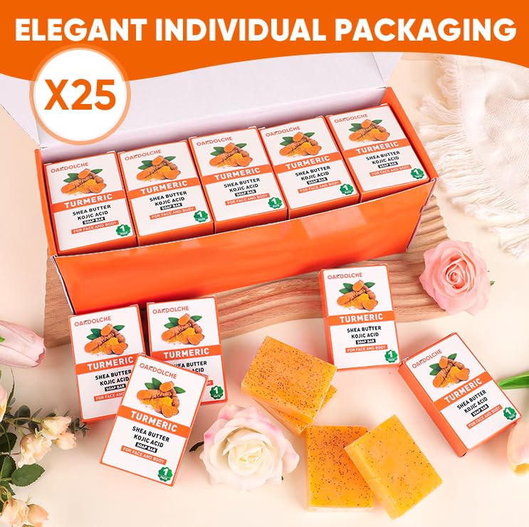 OAKDOLCHE 25P Turmeric Kojic Acid Soap Gift Set – 60g Bars with Retinol, Collagen & Vitamin E | SLS-Free, Face & Body