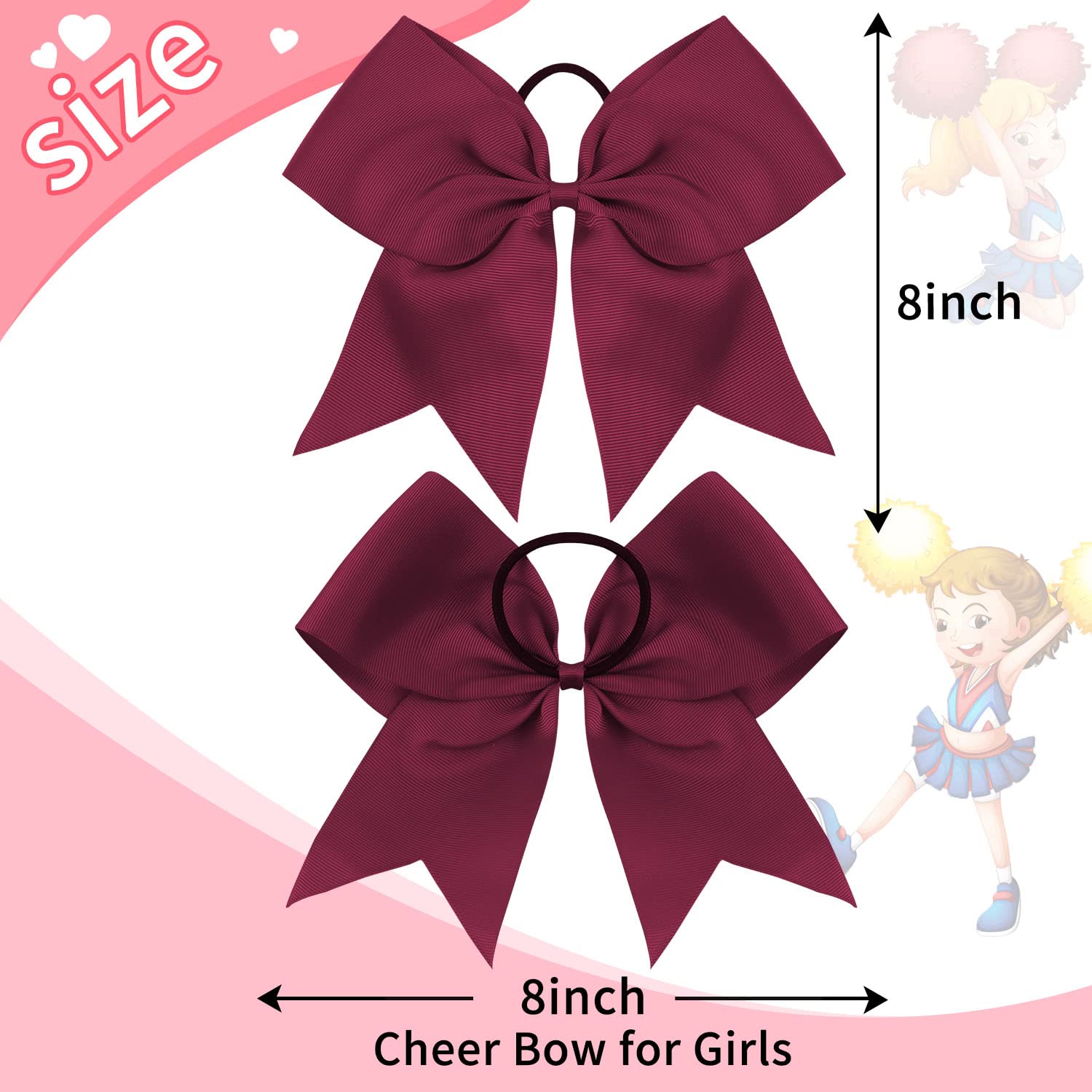 OAOLEER 16-Pack 8-Inch Maroon Cheer Bows with Ponytail Holders – Handmade Team Accessories