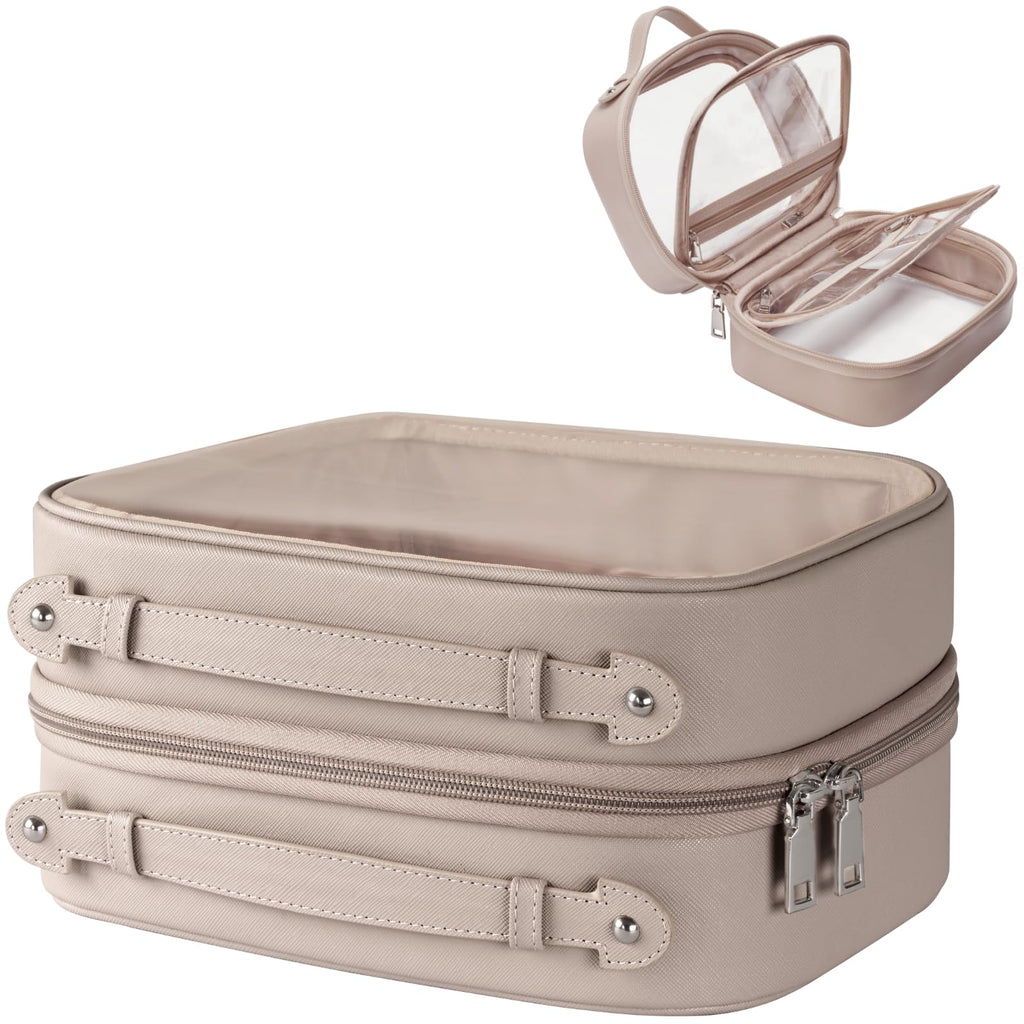 Oaque Clear Cosmetic Bag — Large Double Layer Travel Toiletry Bag with 4 Compartments (Taupe)
