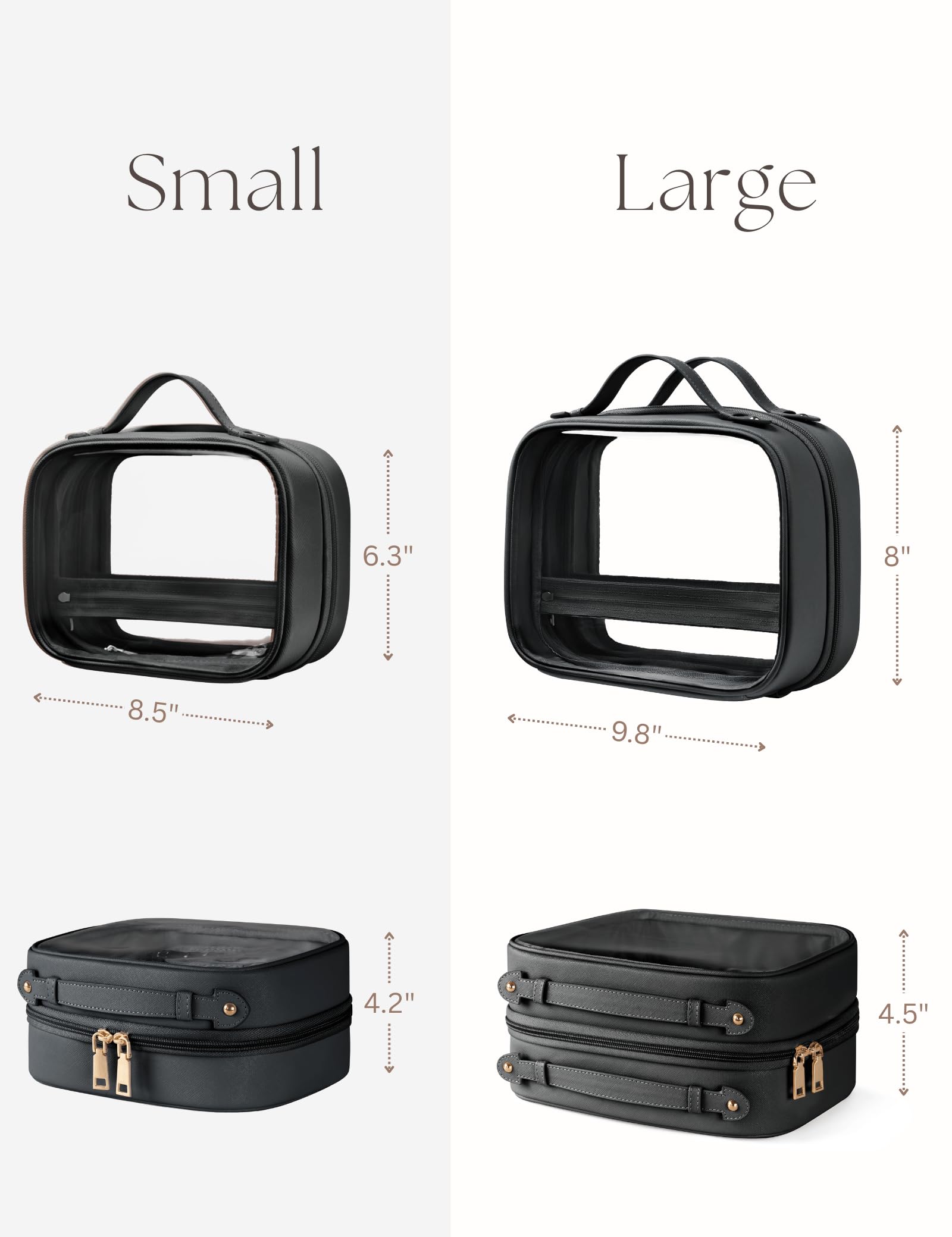 Oaque Clear Cosmetic Bag - Double Layer Travel Toiletry Case with 4 Compartments (Small, Black)