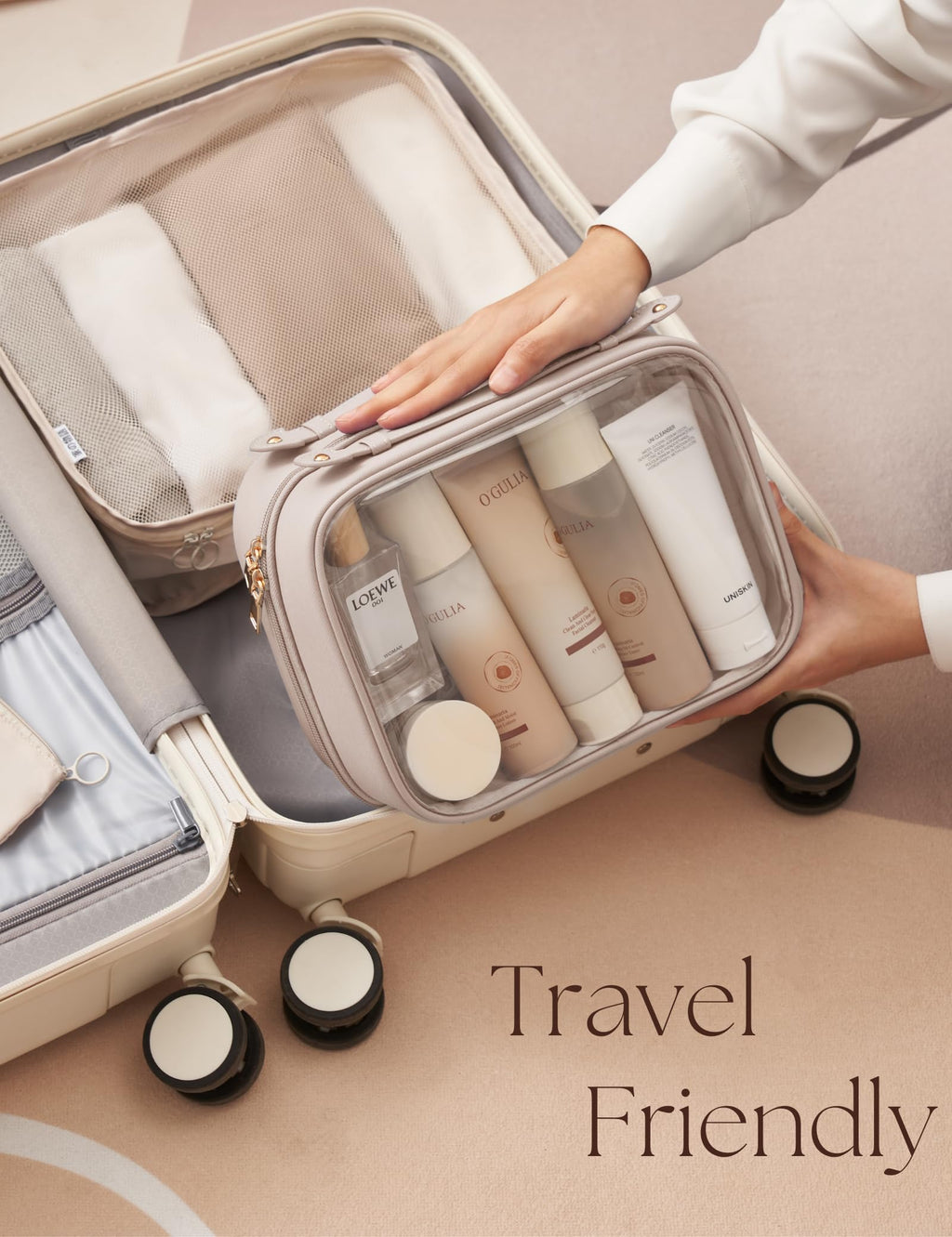 Oaque Clear Cosmetic Bag — Large Double Layer Travel Toiletry Bag with 4 Compartments (Taupe)