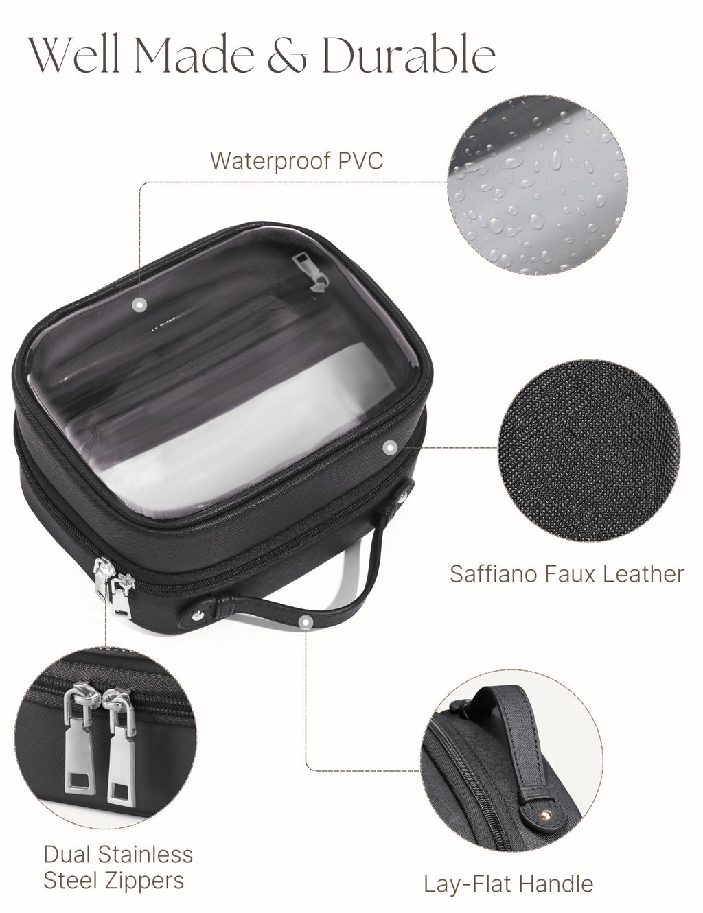 Oaque Clear Cosmetic Bag - Double Layer Travel Toiletry Case with 4 Compartments (Small, Black)
