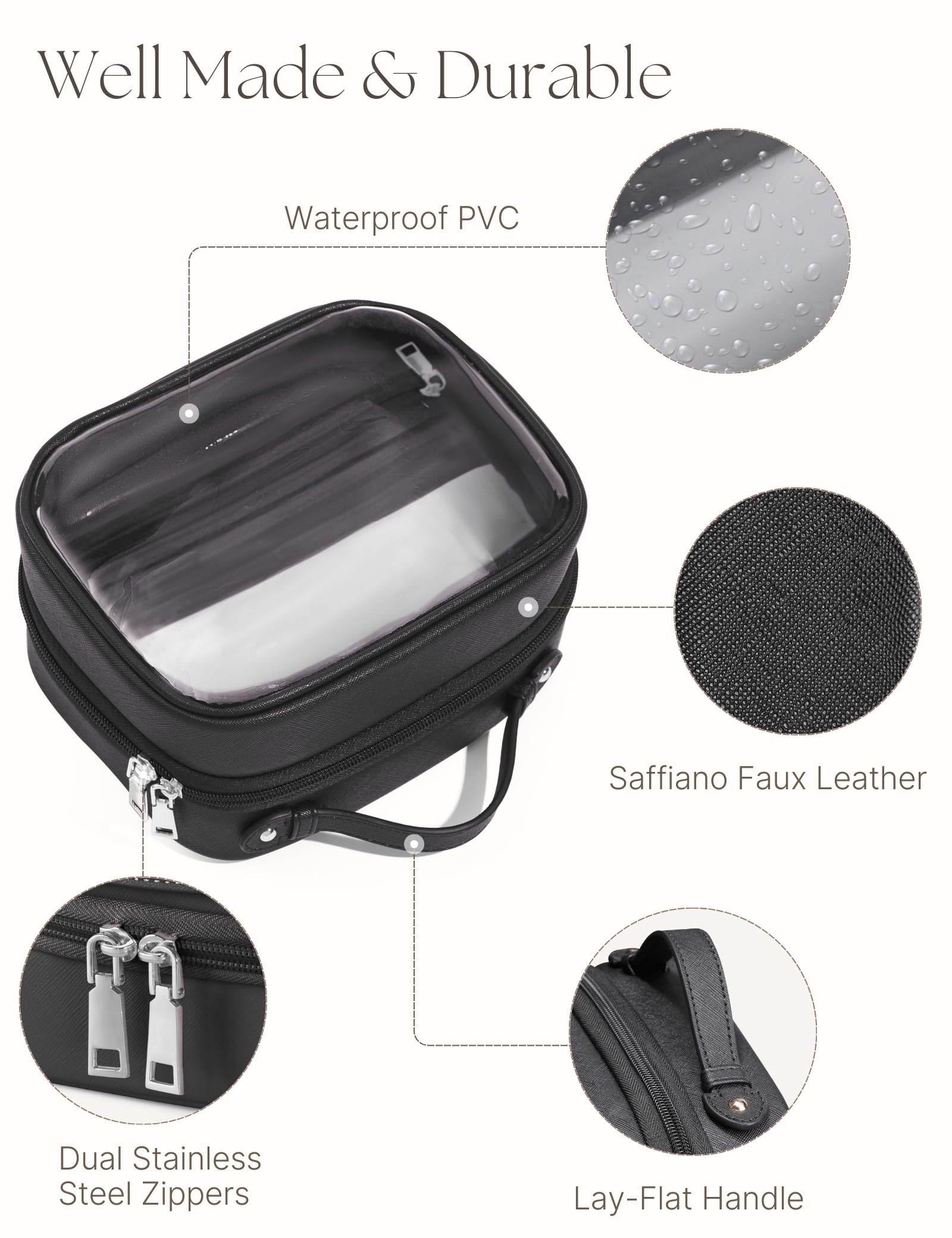 Oaque Clear Cosmetic Bag - Double Layer Travel Toiletry Case with 4 Compartments (Small, Black)