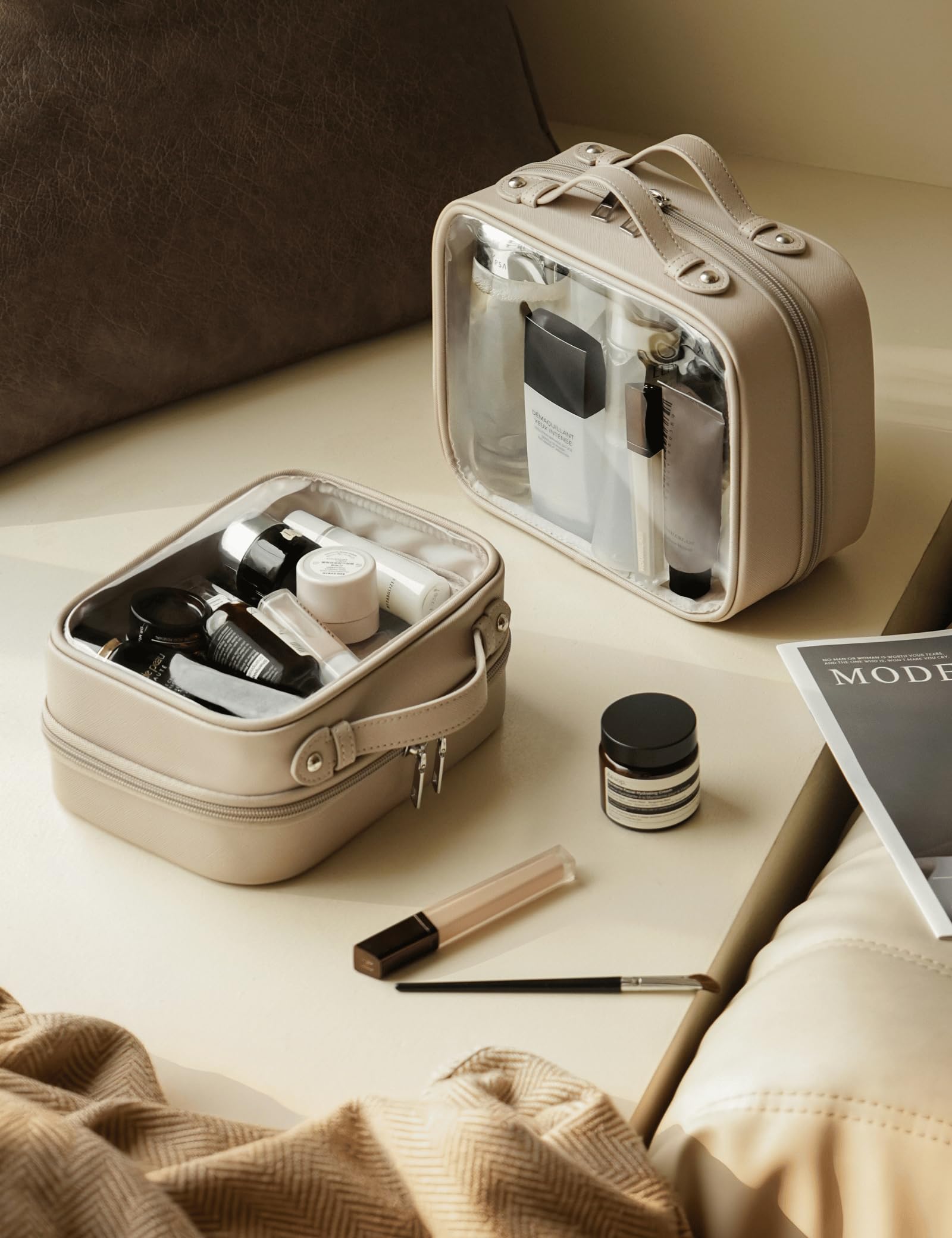 Oaque Clear Cosmetic Bag — Large Double Layer Travel Toiletry Bag with 4 Compartments (Taupe)