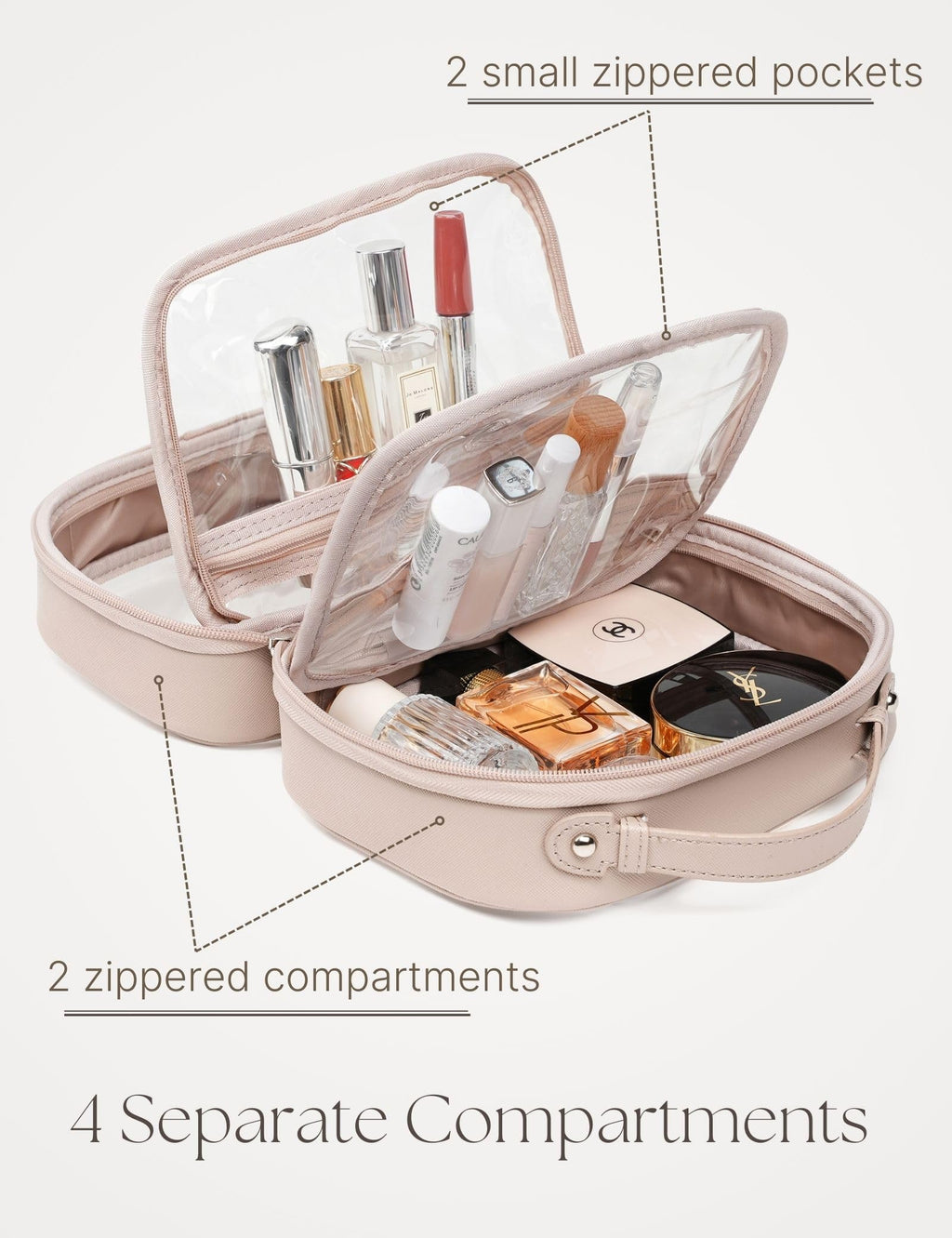 Oaque Clear Cosmetic Bag — Large Double Layer Travel Toiletry Bag with 4 Compartments (Taupe)