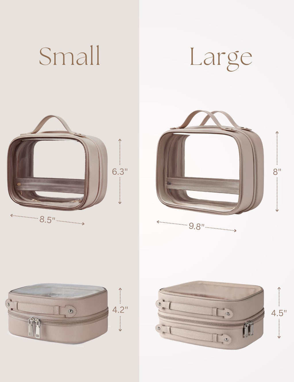 Oaque Clear Cosmetic Bag — Large Double Layer Travel Toiletry Bag with 4 Compartments (Taupe)