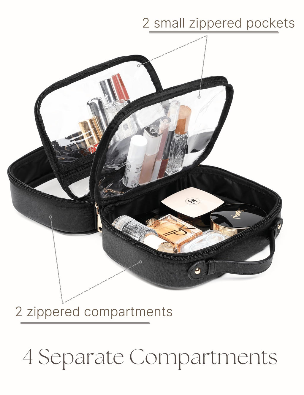 Oaque Clear Cosmetic Bag - Double Layer Travel Toiletry Case with 4 Compartments (Small, Black)