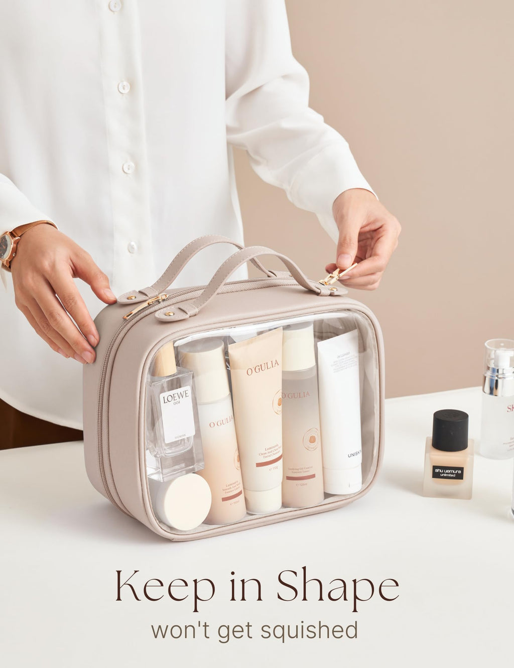 Oaque Clear Cosmetic Bag — Large Double Layer Travel Toiletry Bag with 4 Compartments (Taupe)