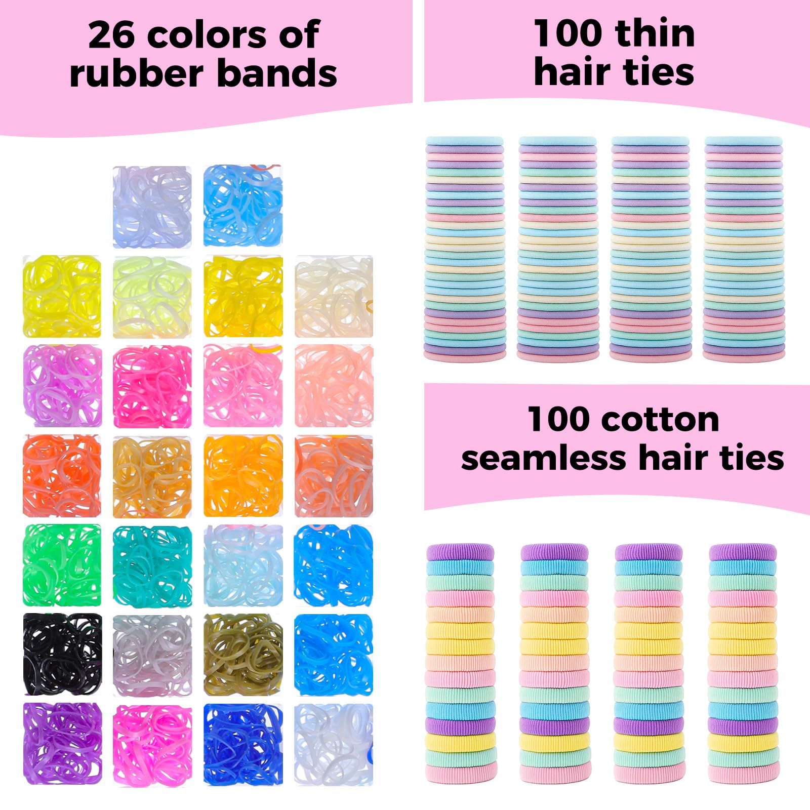 obeoby Colorful Rubber Bands Set – 2020 Pcs Elastic Hair Ties, 5 Styling Tools, 40 Hair Clips, Gift for Daughter