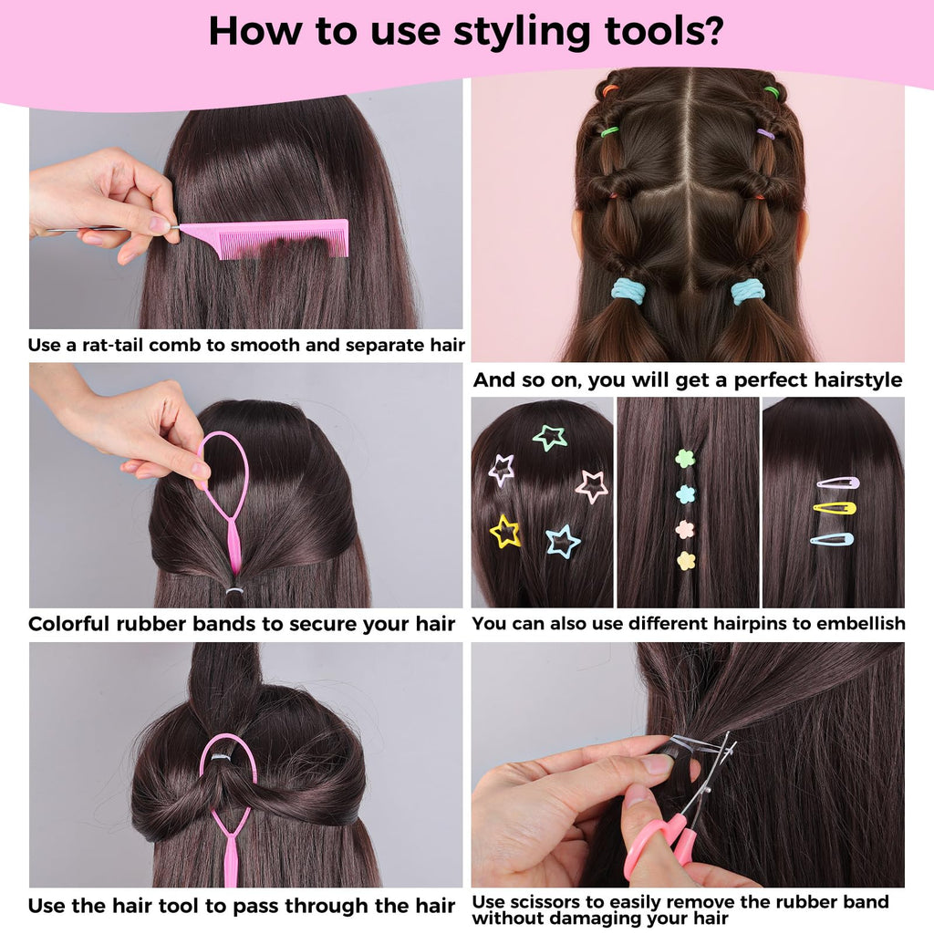 obeoby Colorful Rubber Bands Set – 2020 Pcs Elastic Hair Ties, 5 Styling Tools, 40 Hair Clips, Gift for Daughter