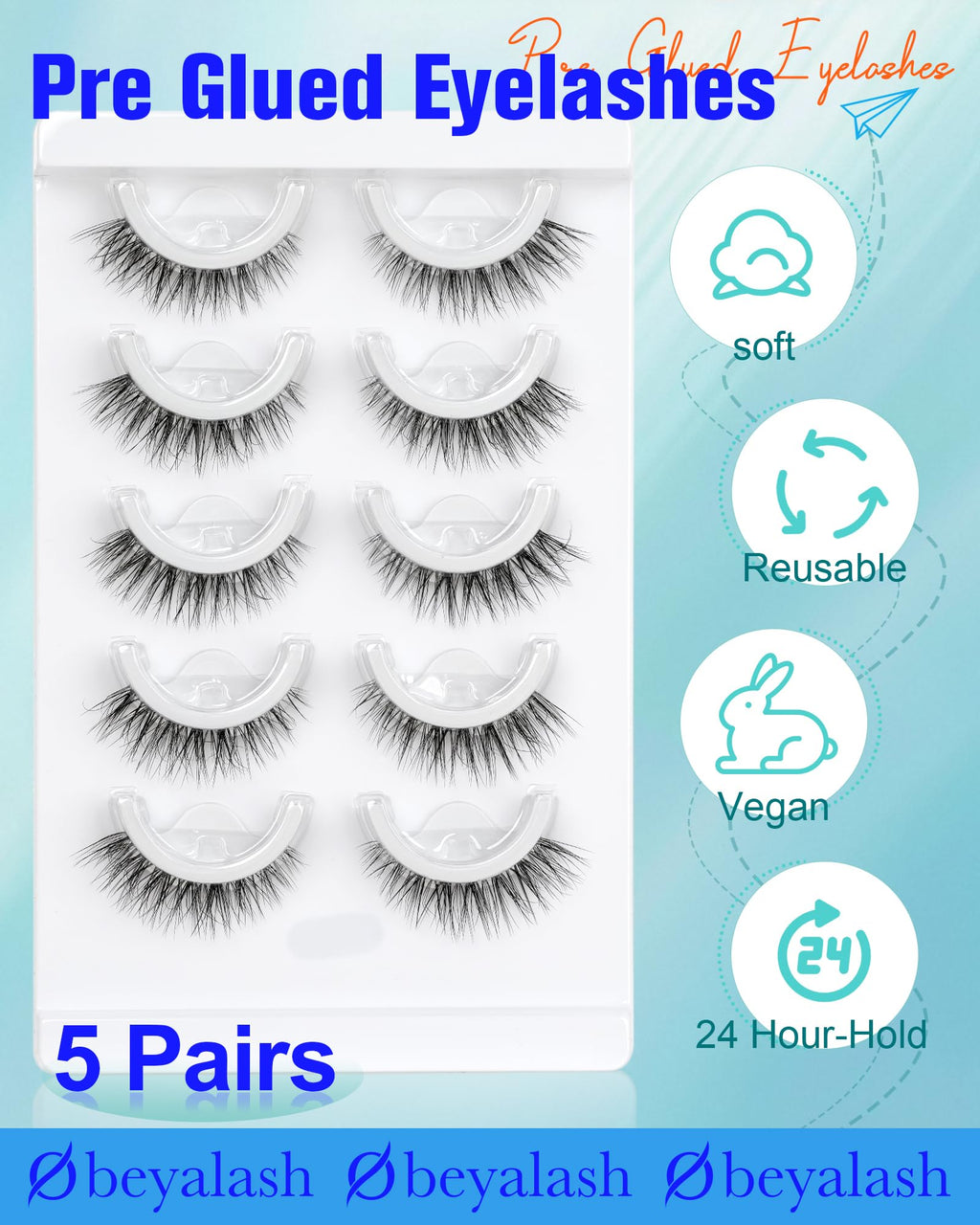 Obeyalash Self-Adhesive Cat Eye Lashes – 5 Pairs, Waterproof, 12mm 6D46