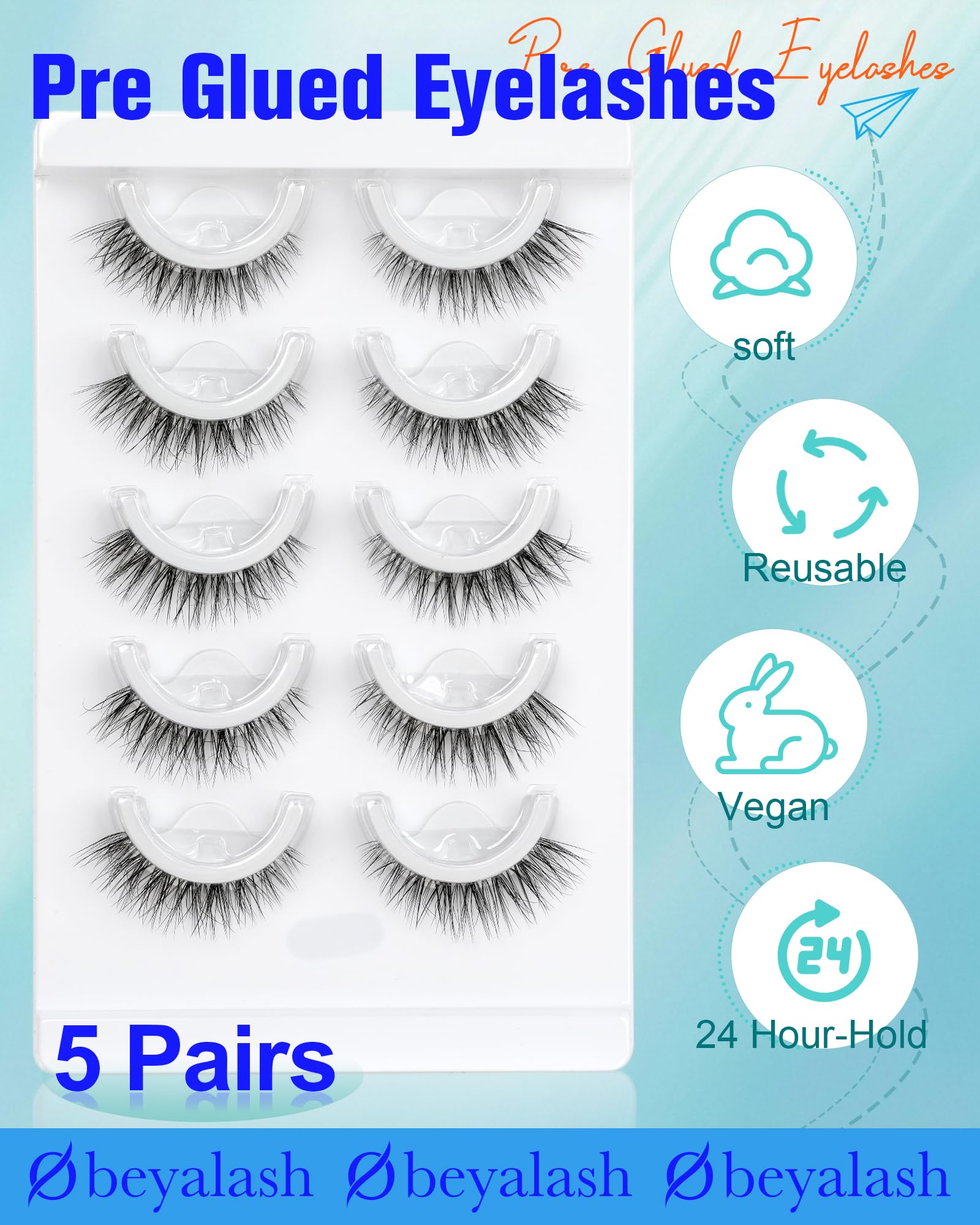 Obeyalash Self-Adhesive Cat Eye Lashes – 5 Pairs, Waterproof, 12mm 6D46