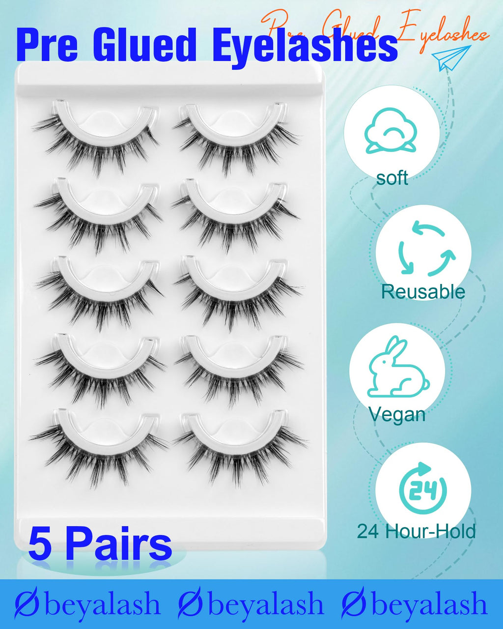 Obeyalash Manga Look Self-Adhesive Eyelashes – Waterproof Black Band, Glueless, 5 Pairs with Tweezers