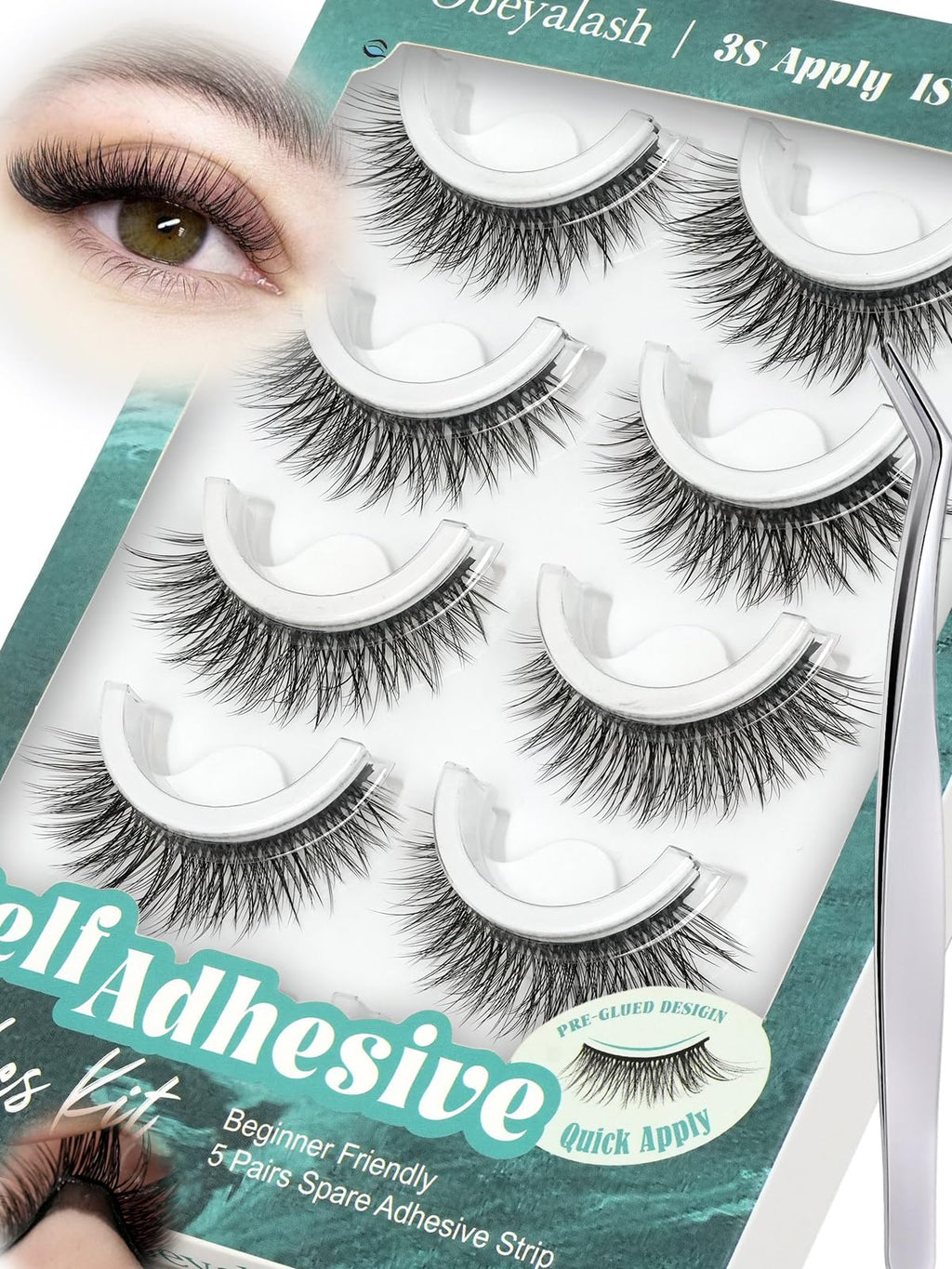 Obeyalash Self-Adhesive Cat Eye Lashes 12mm (6D07) – Waterproof, Glueless, 5 Pairs