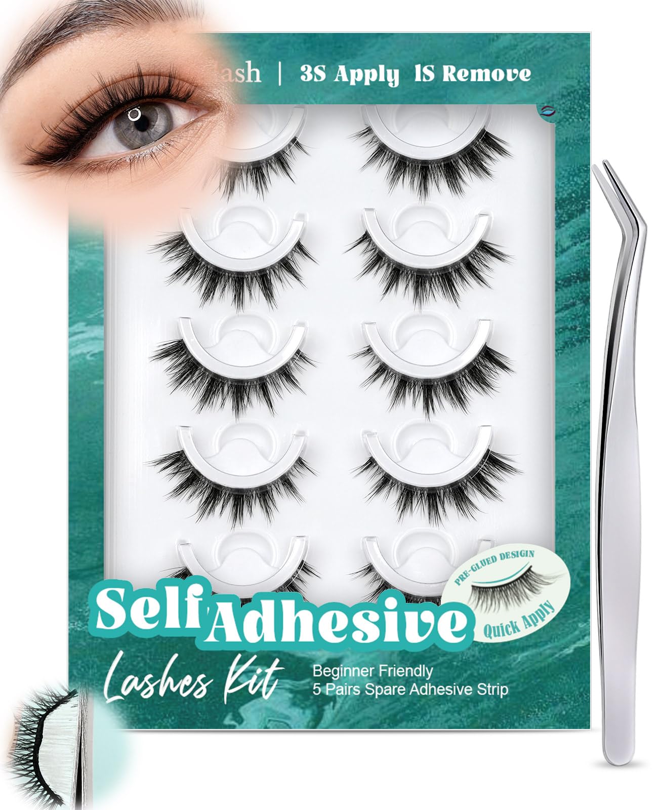 Obeyalash Self Adhesive Eyelashes Cat Eye M877 – 5 Pairs, Waterproof, Glueless with Tweezers