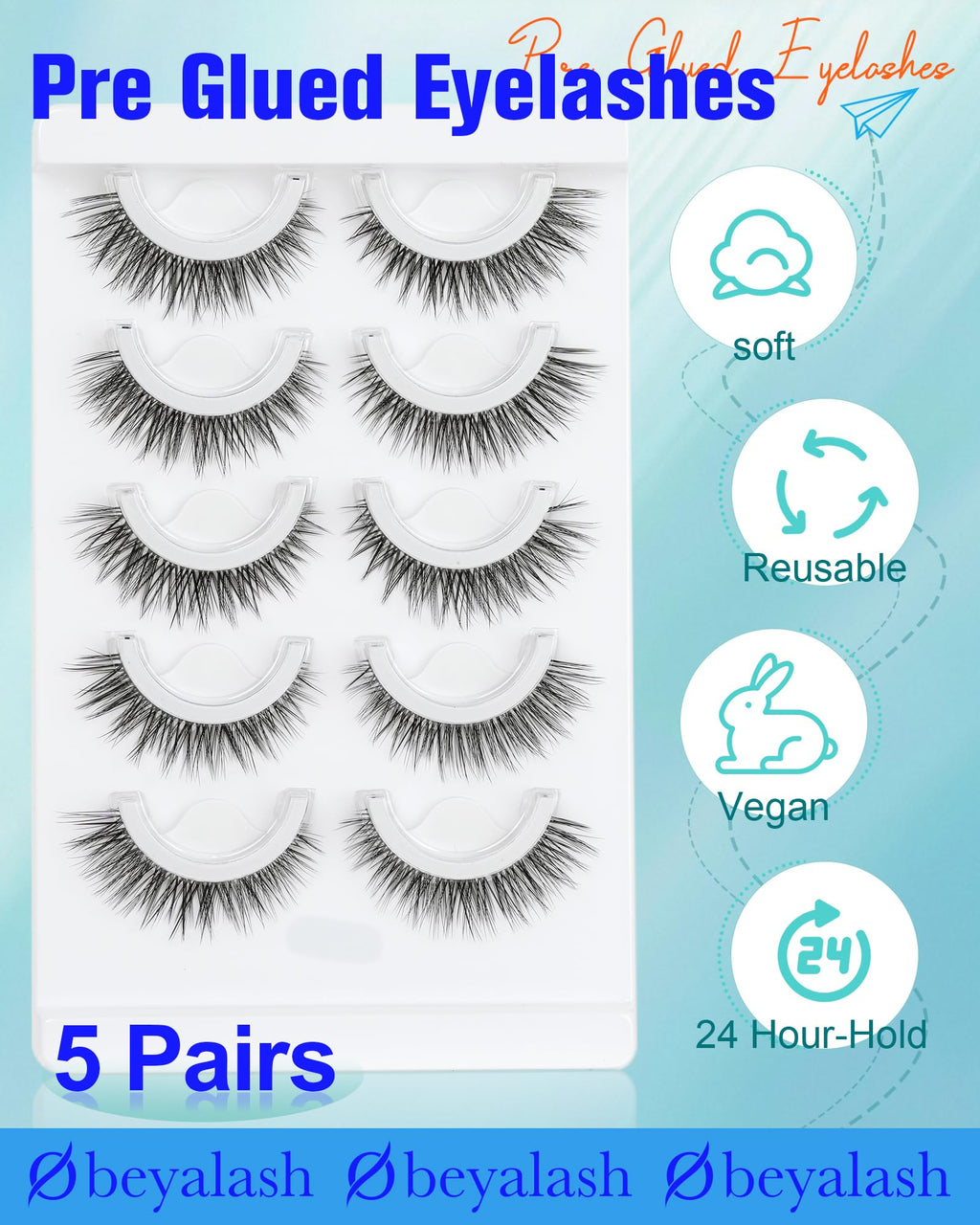 Obeyalash Self-Adhesive Cat Eye Lashes 12mm (6D07) – Waterproof, Glueless, 5 Pairs