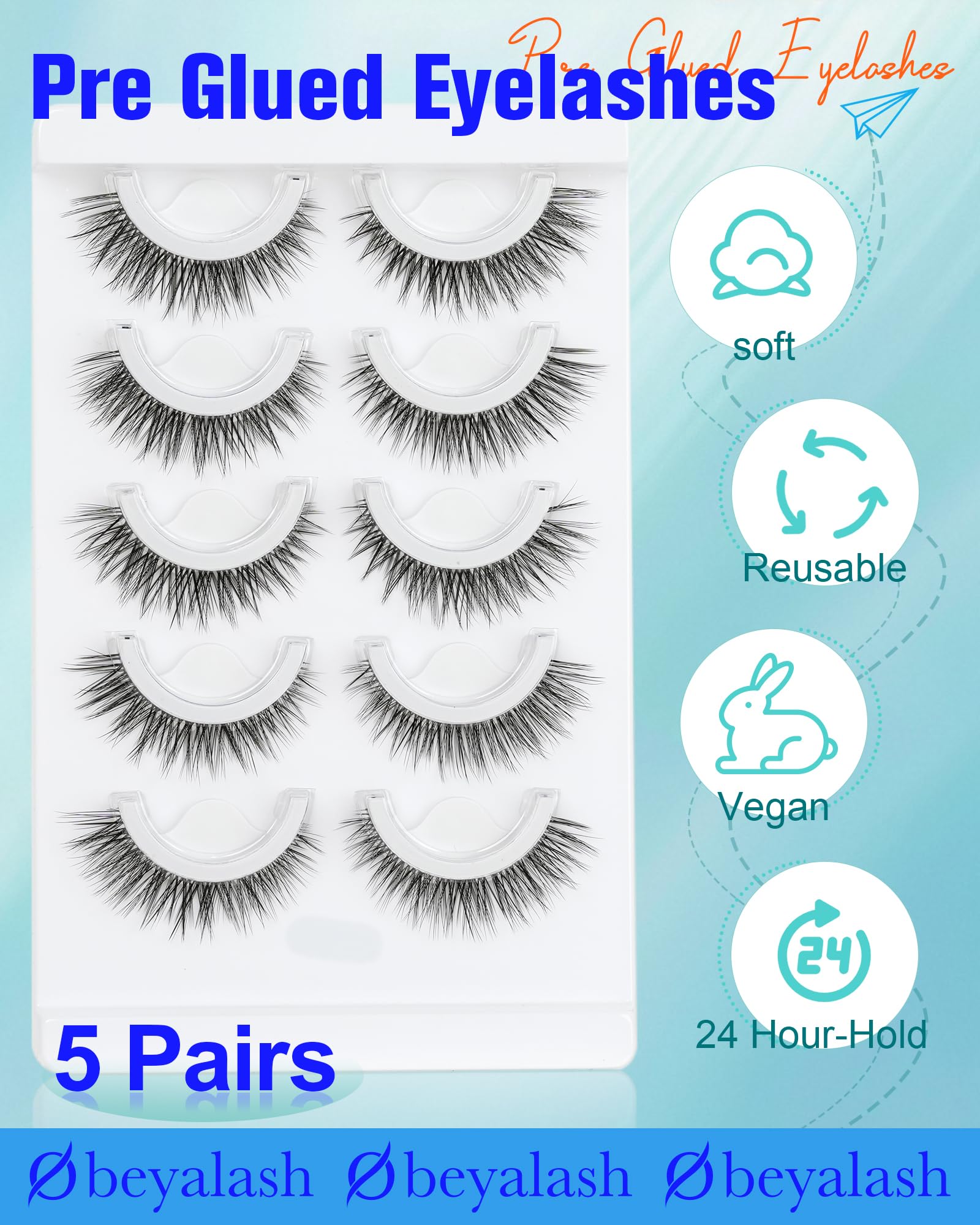 Obeyalash Self-Adhesive Cat Eye Lashes 12mm (6D07) – Waterproof, Glueless, 5 Pairs