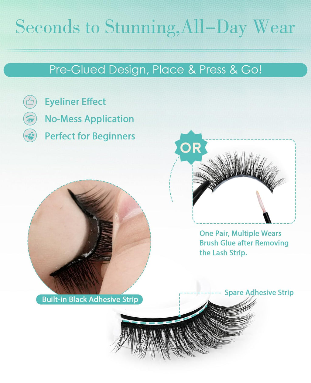 Obeyalash Self-Adhesive Cat Eye Lashes – Waterproof, Glueless, 15mm, 5 Pairs with Tweezers