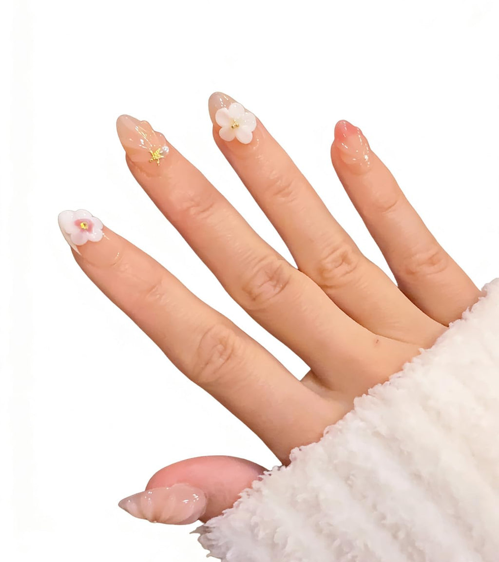 Ocean A04: 10 Short Almond Handmade Press-On Nails – 3D Floral Gradient with Starfish & Seashells (Autumn & Winter)