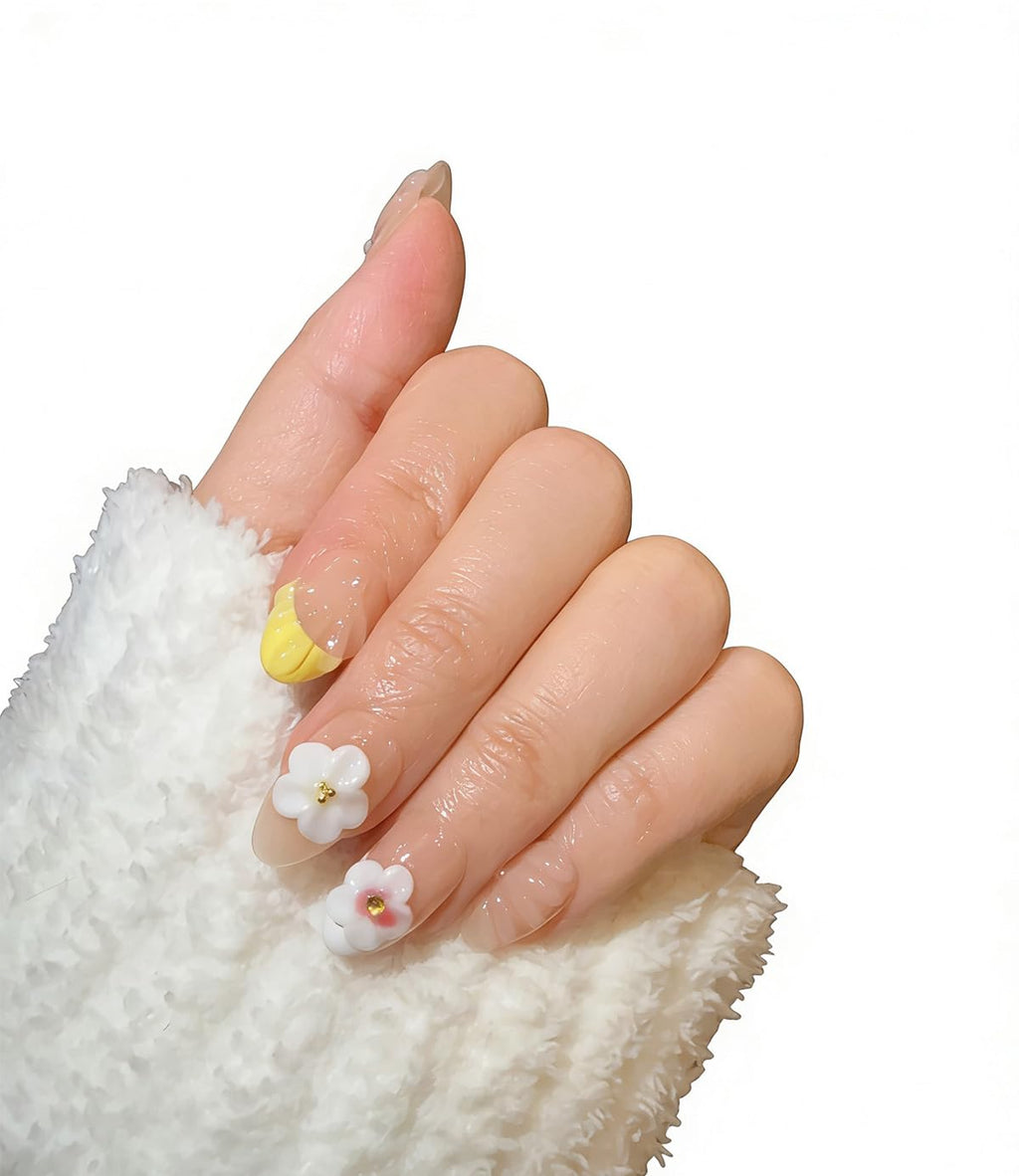 Ocean A04: 10 Short Almond Handmade Press-On Nails – 3D Floral Gradient with Starfish & Seashells (Autumn & Winter)