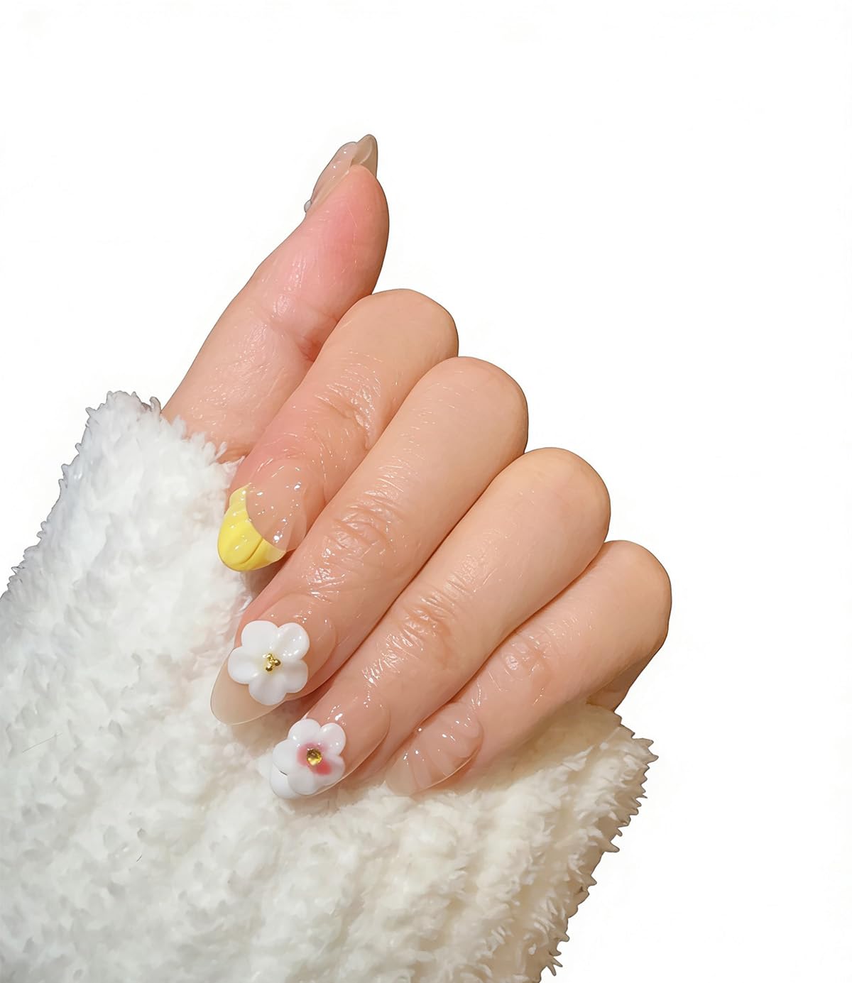 Ocean A04: 10 Short Almond Handmade Press-On Nails – 3D Floral Gradient with Starfish & Seashells (Autumn & Winter)