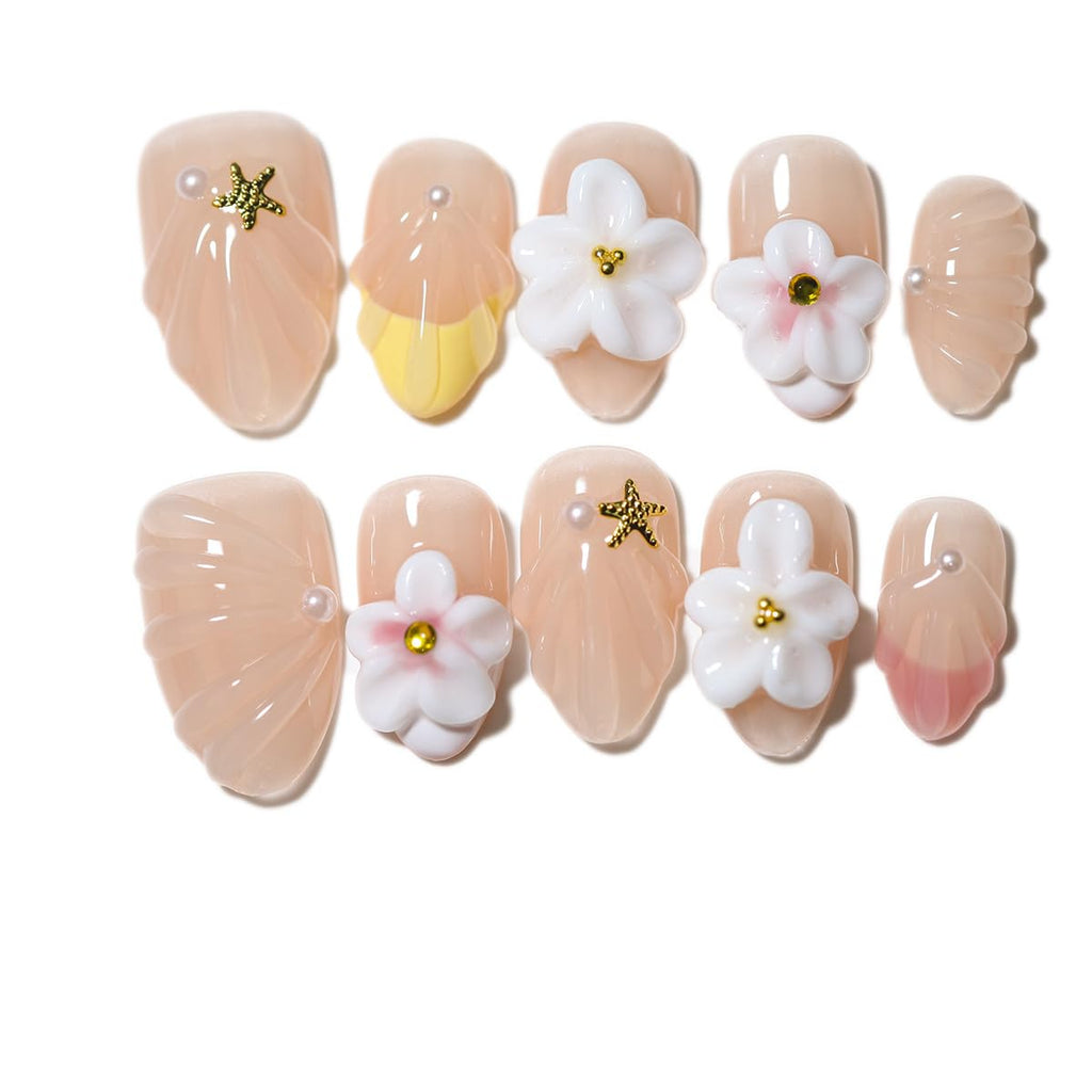 Ocean A04: 10 Short Almond Handmade Press-On Nails – 3D Floral Gradient with Starfish & Seashells (Autumn & Winter)
