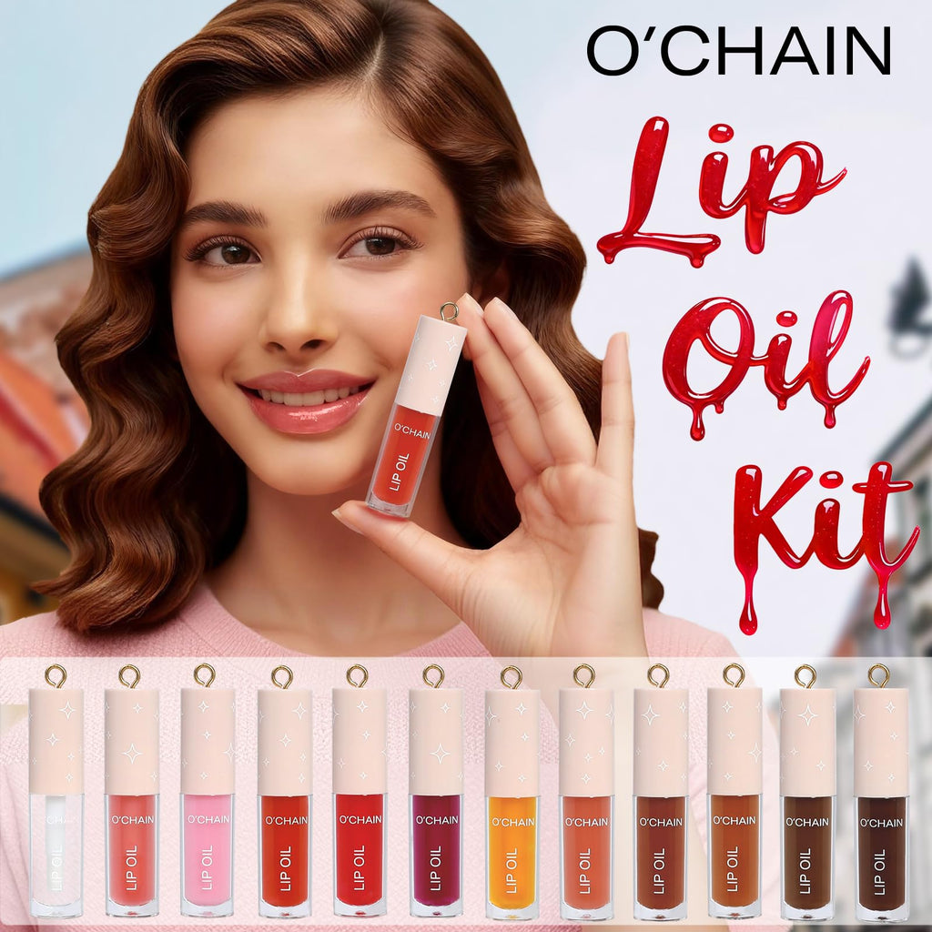 O'CHAIN 12-Color Lip Oil Set | Portable Keychain, High Shine & Hydration
