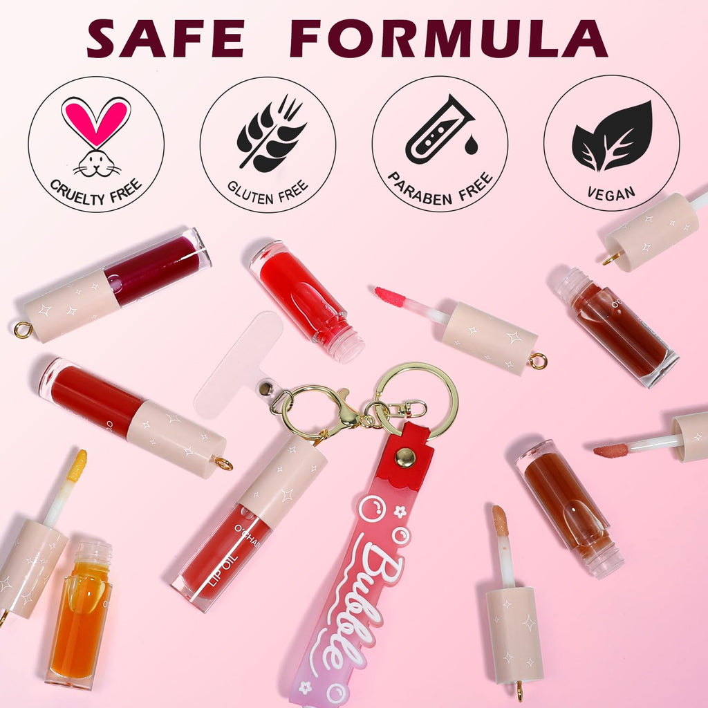 O'CHAIN 12-Color Lip Oil Set | Portable Keychain, High Shine & Hydration