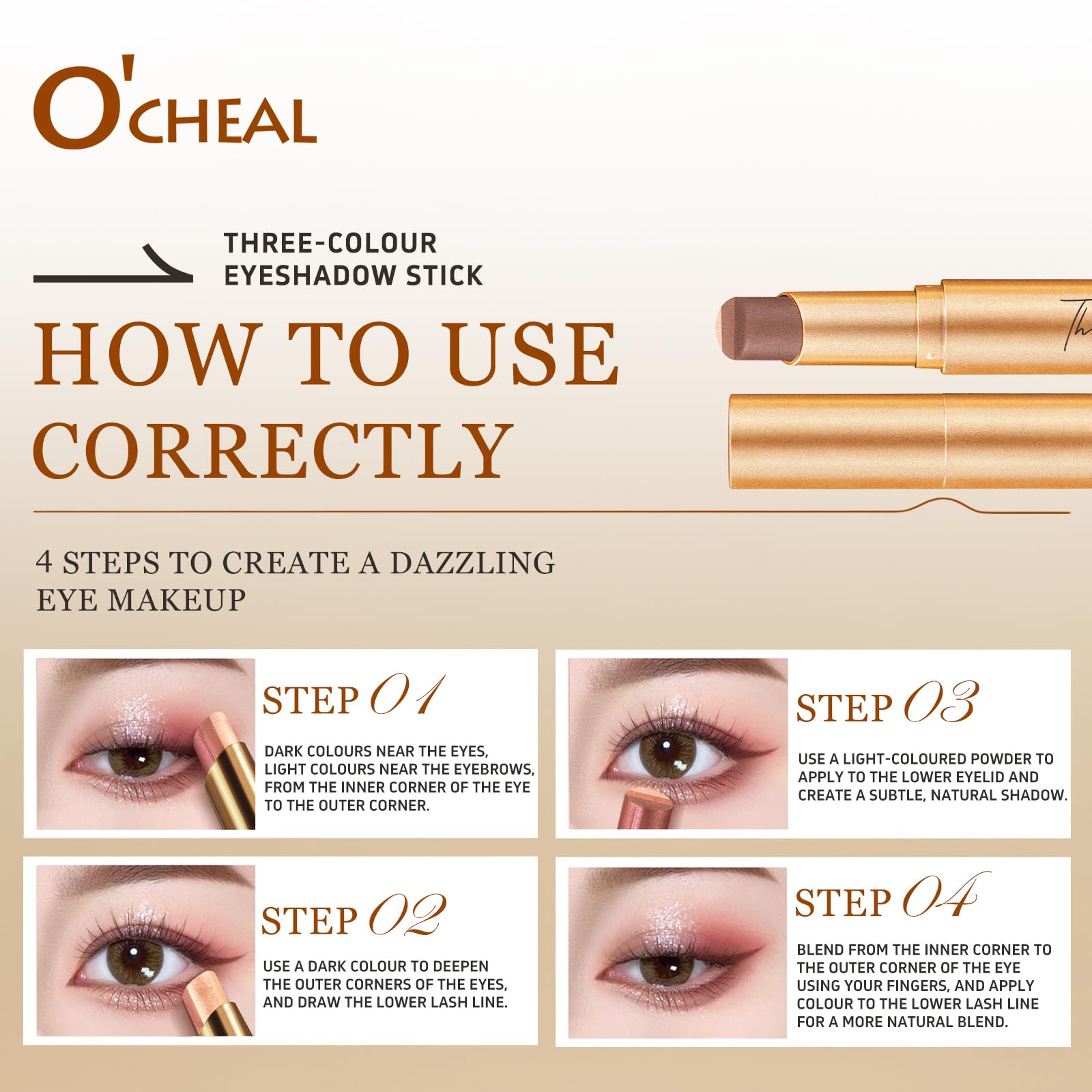 O'CHEAL 4PCS Gradient Eyeshadow Sticks – Waterproof, Long-Lasting, Crease-Proof