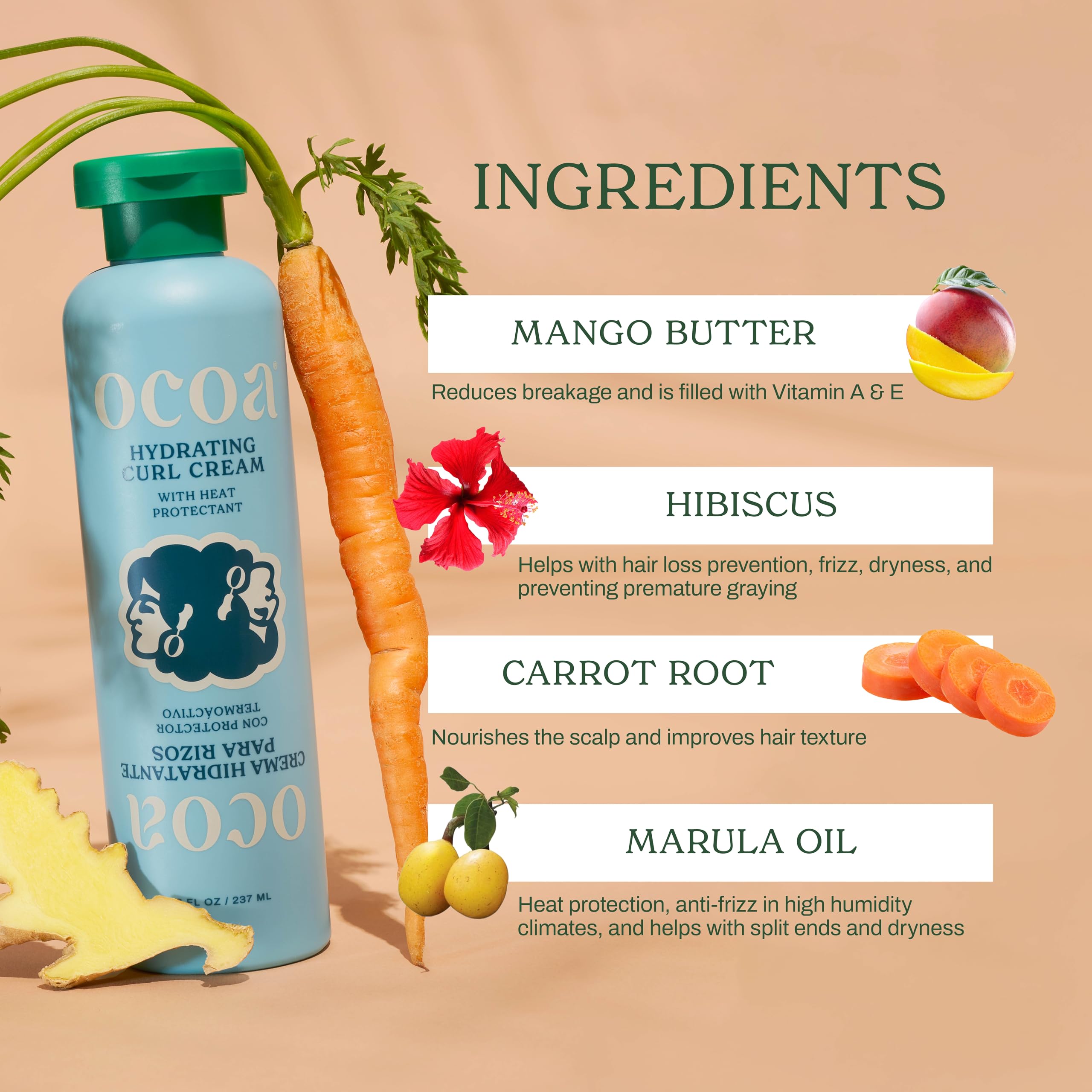 OCOA Beauty Hydrating Curl Cream with Hibiscus, Mango Butter & Marula Oil – Curl Defining Cream for Curly & Wavy Hair (8oz)